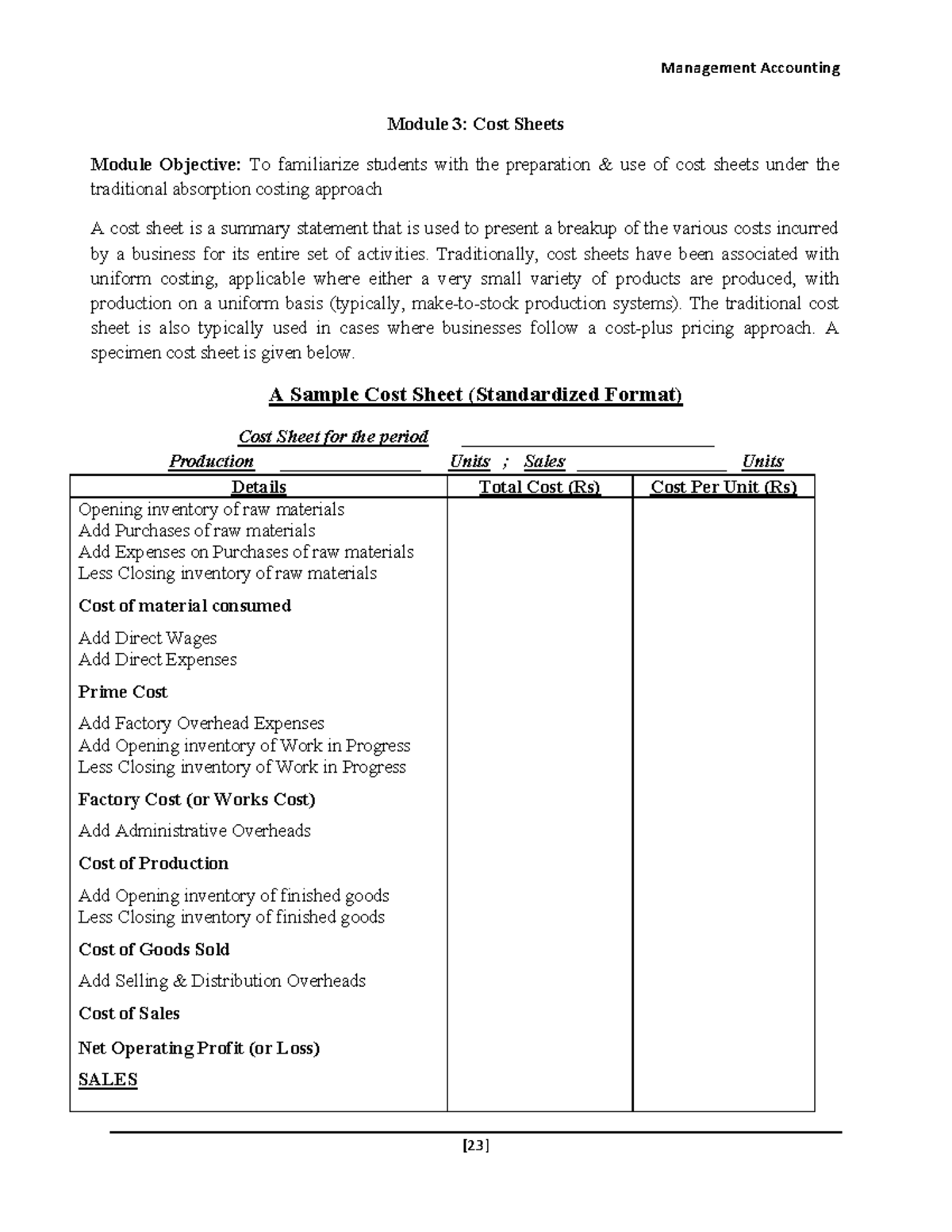 Cost Accounting CVP analysis - Module 3: Cost Sheets Module Objective ...