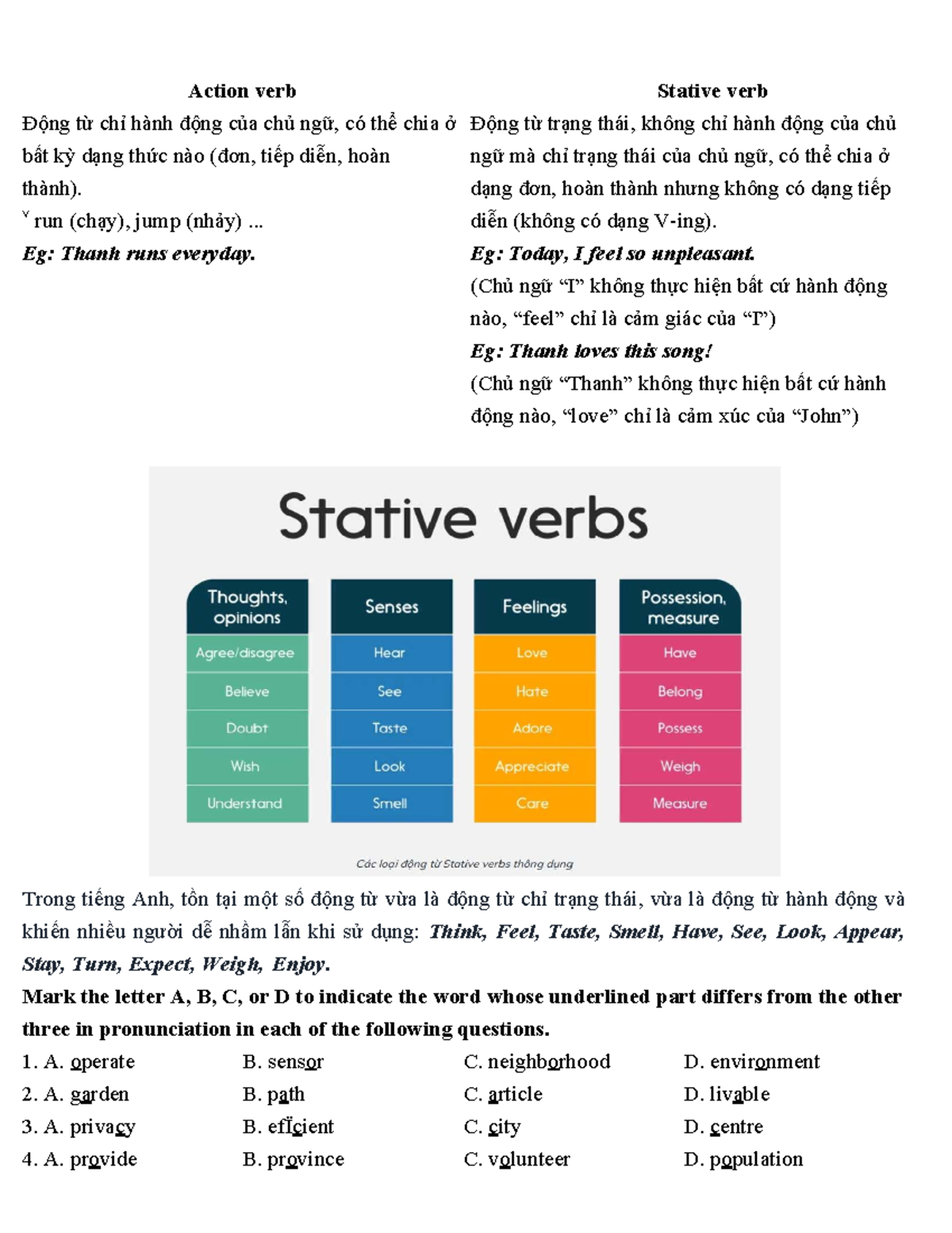 Tiếng Anh 11: Action & Stative Verbs - Unit 3 Notes - Studocu
