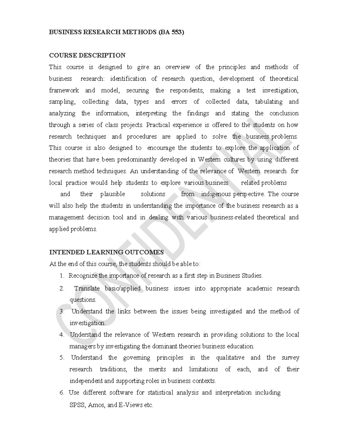 BBA Course Outlines for Business Research Methods, Cost Accounting ...