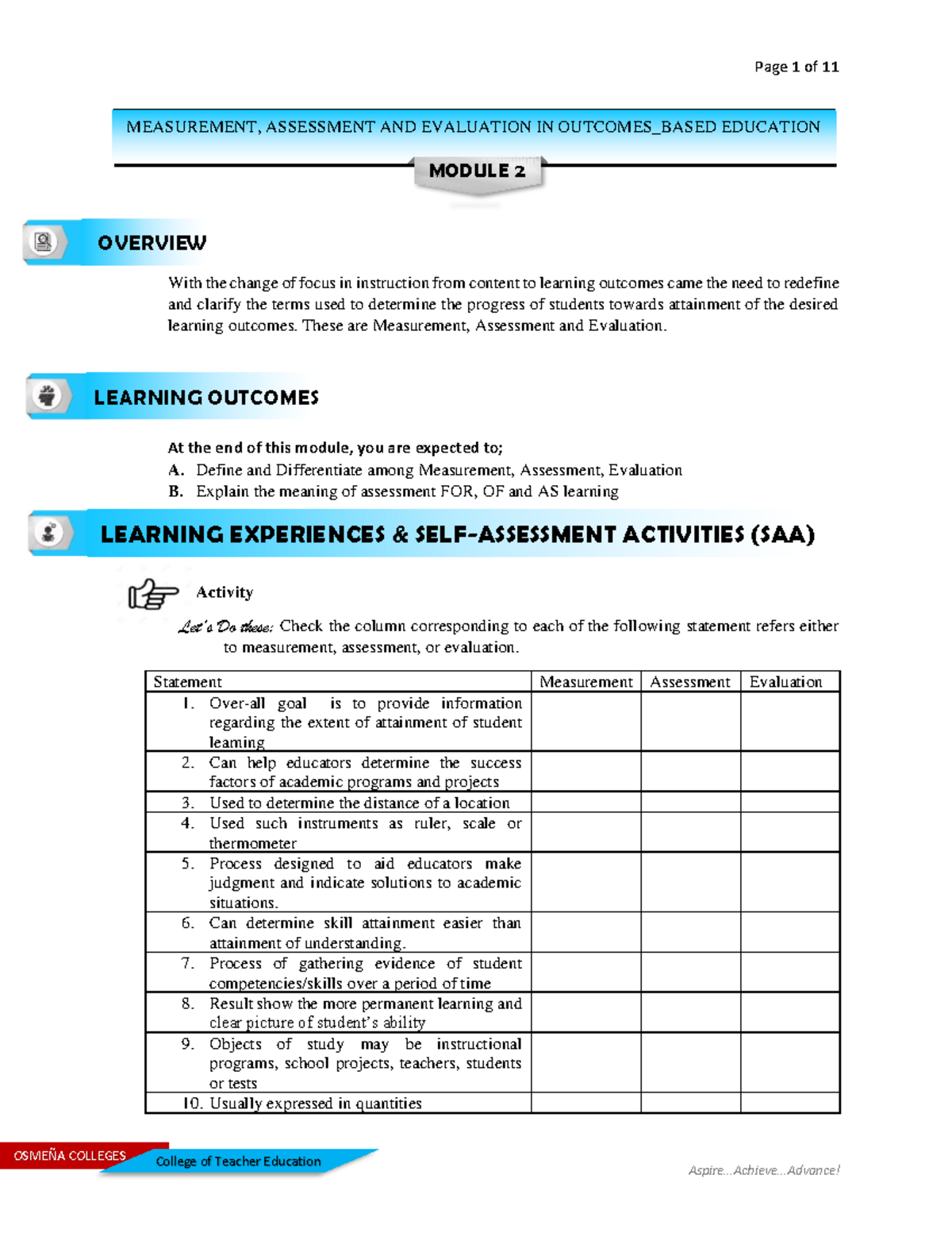 Module 2: Measurement, Assessment & Evaluation in Outcomes-Based ...