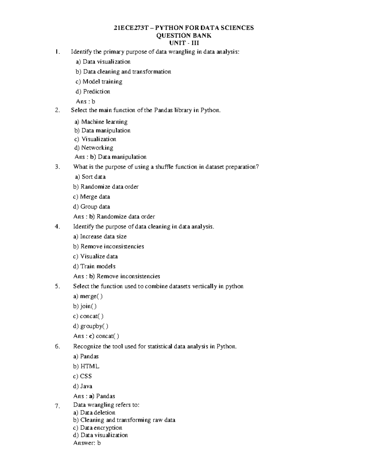 Question Bank for Unit 3, 4, 5 - 21ECE273T Python for Data Sciences ...