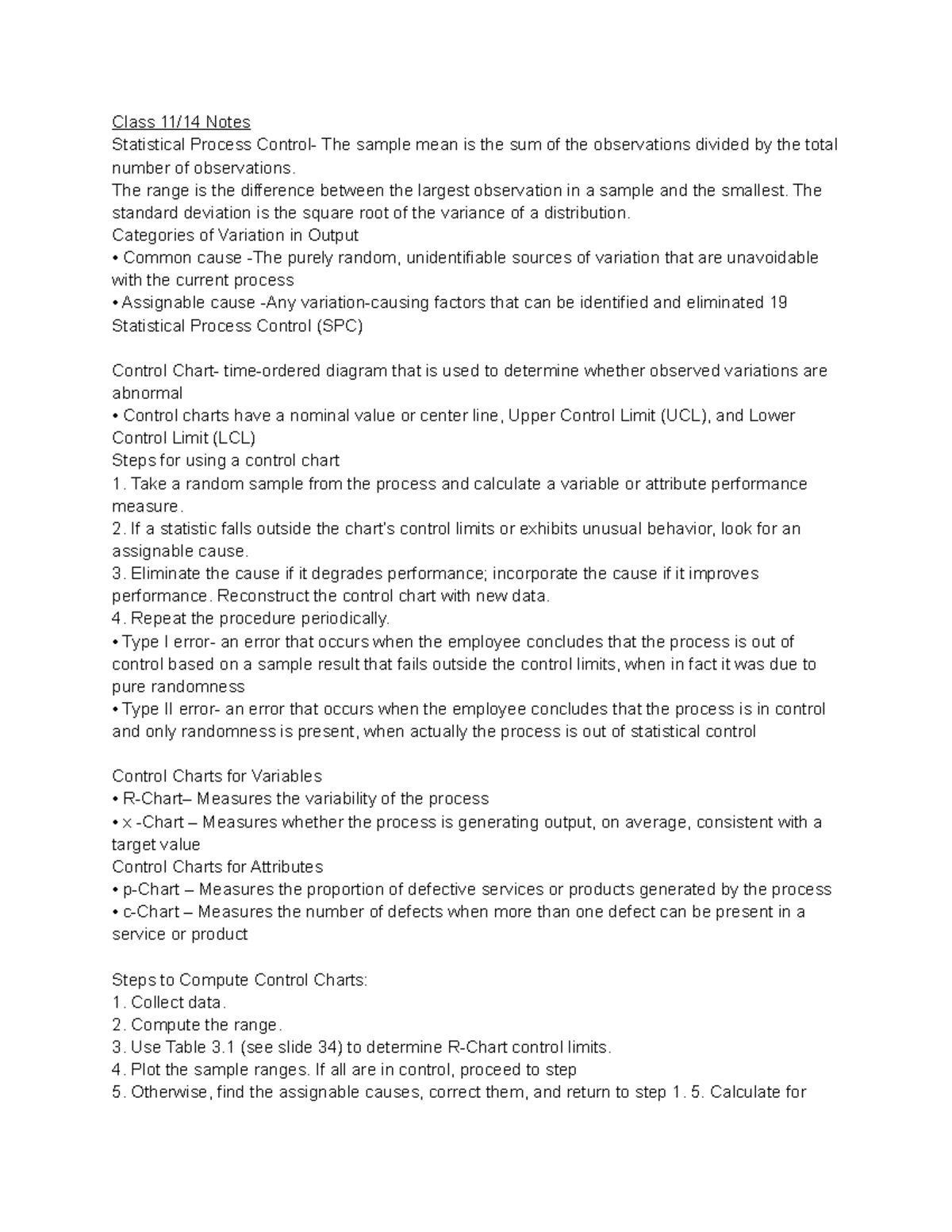 Week 12 Notes - Class 11/14 Notes Statistical Process Control- The ...