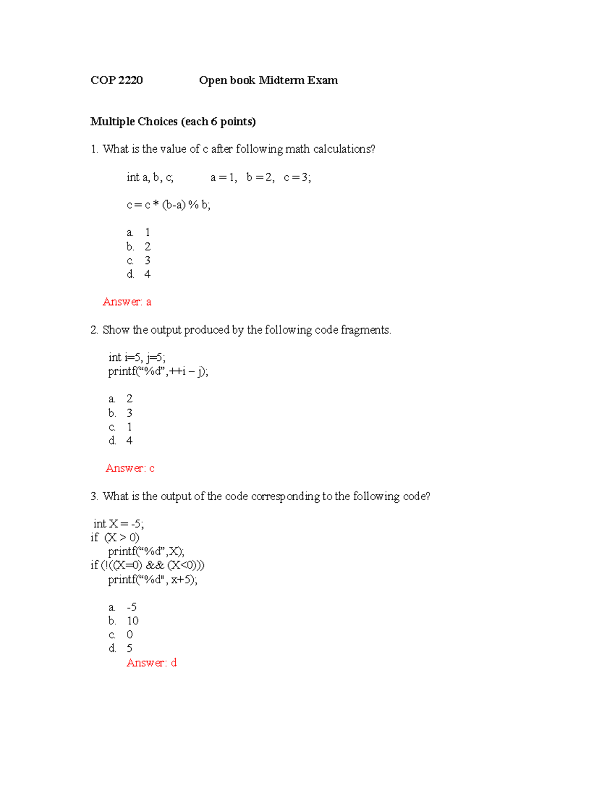 COP Open Book Midterm Exam: Multiple Choice Questions & Problems - Studocu