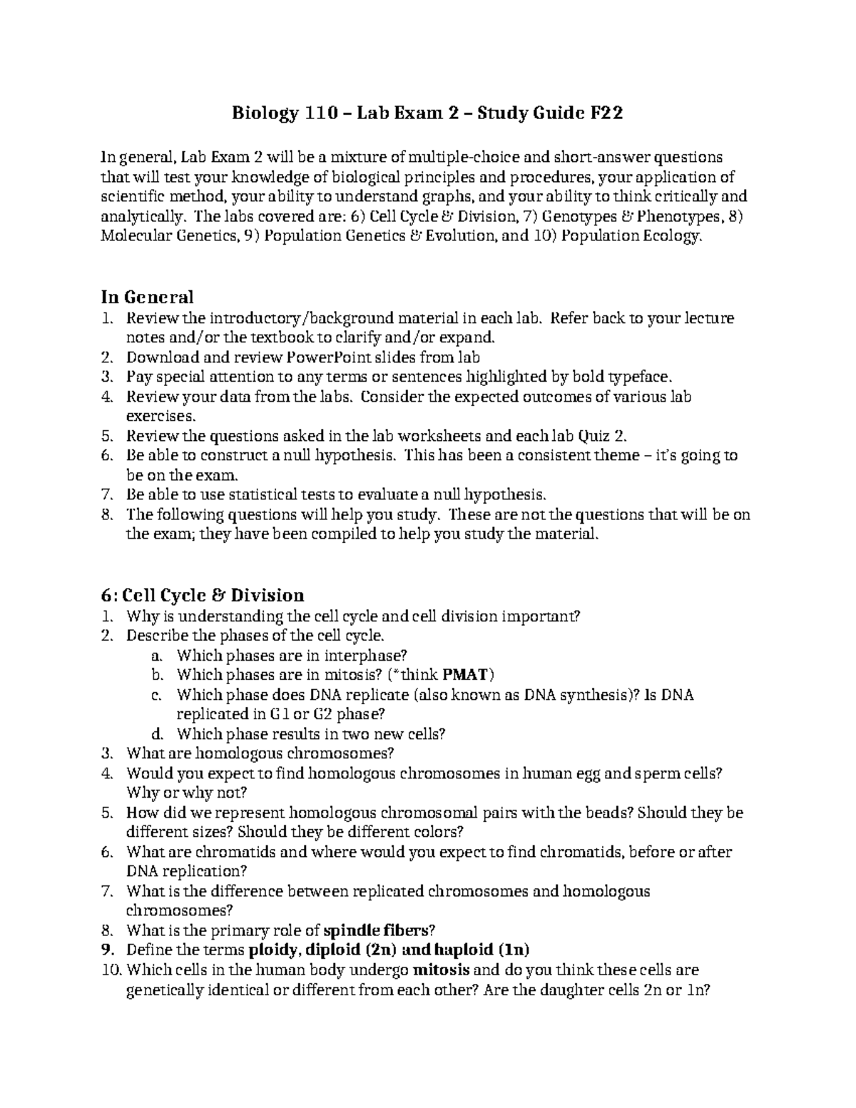 BIO 110 Lab Exam 2 Study Guide: Key Topics and Tips for Success F22 ...