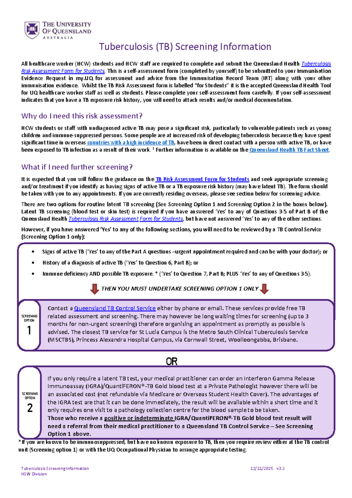 UQ HCW Tuberculosis (TB) Screening Info Sheet - 2026 - Studocu