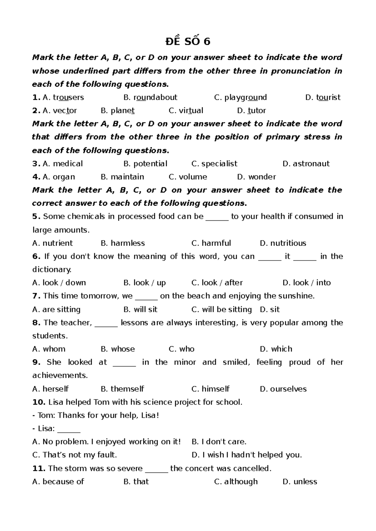 ĐỀ 6 - Pronunciation and Stress Practice Questions - Studocu