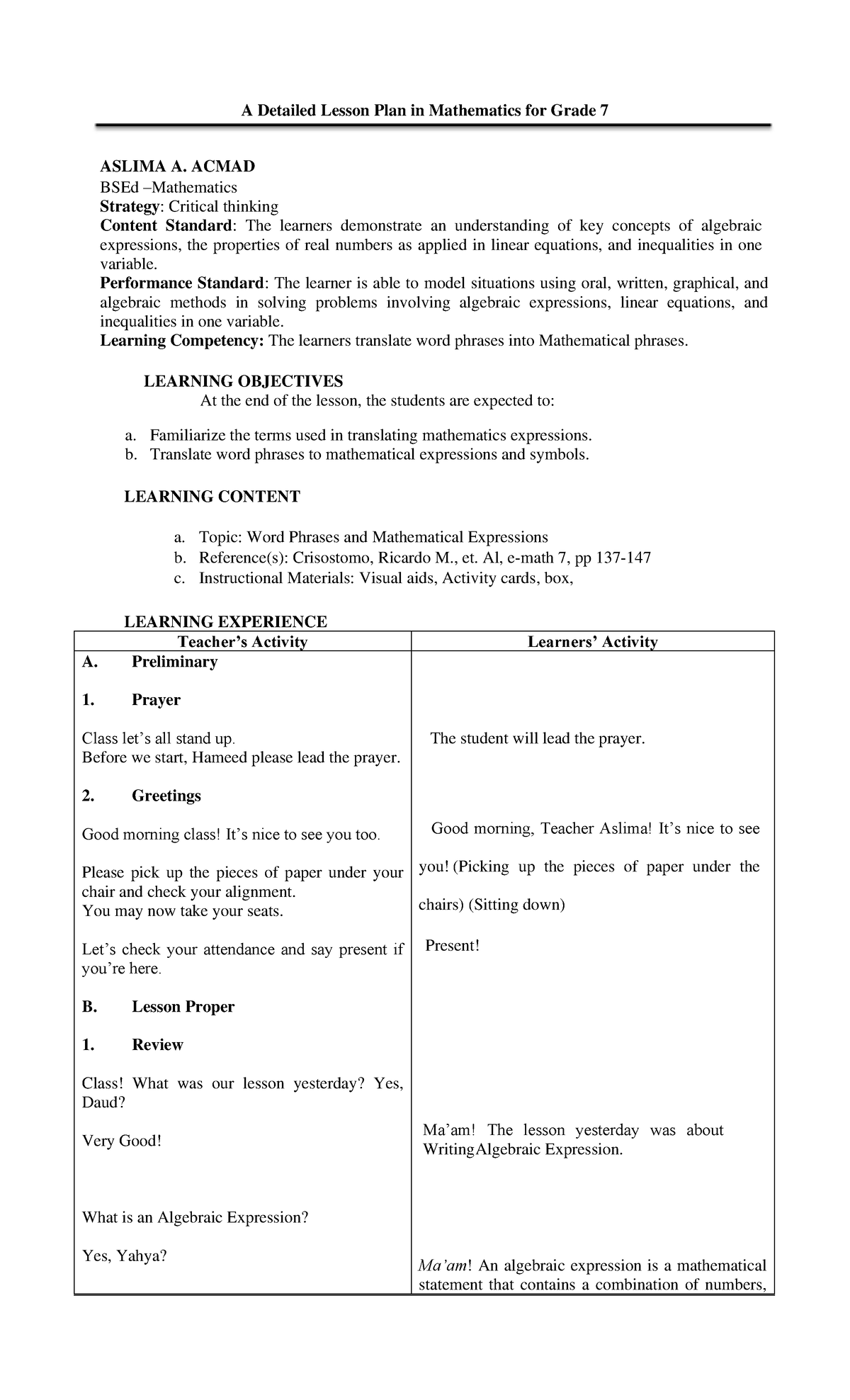 Final Lesson Plan on Algebraic Expressions for Grade 7 Mathematics ...
