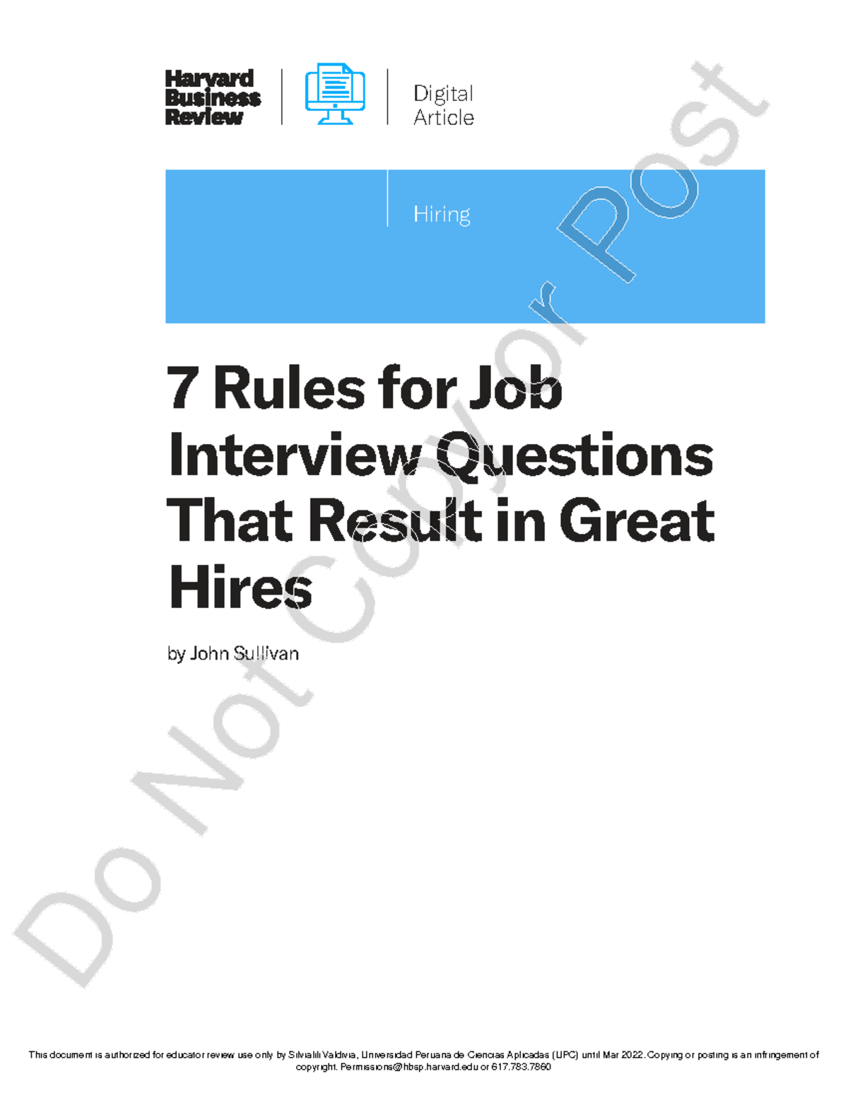 7 Rules for Job Interview Questions - HBR Digital Article - Studocu