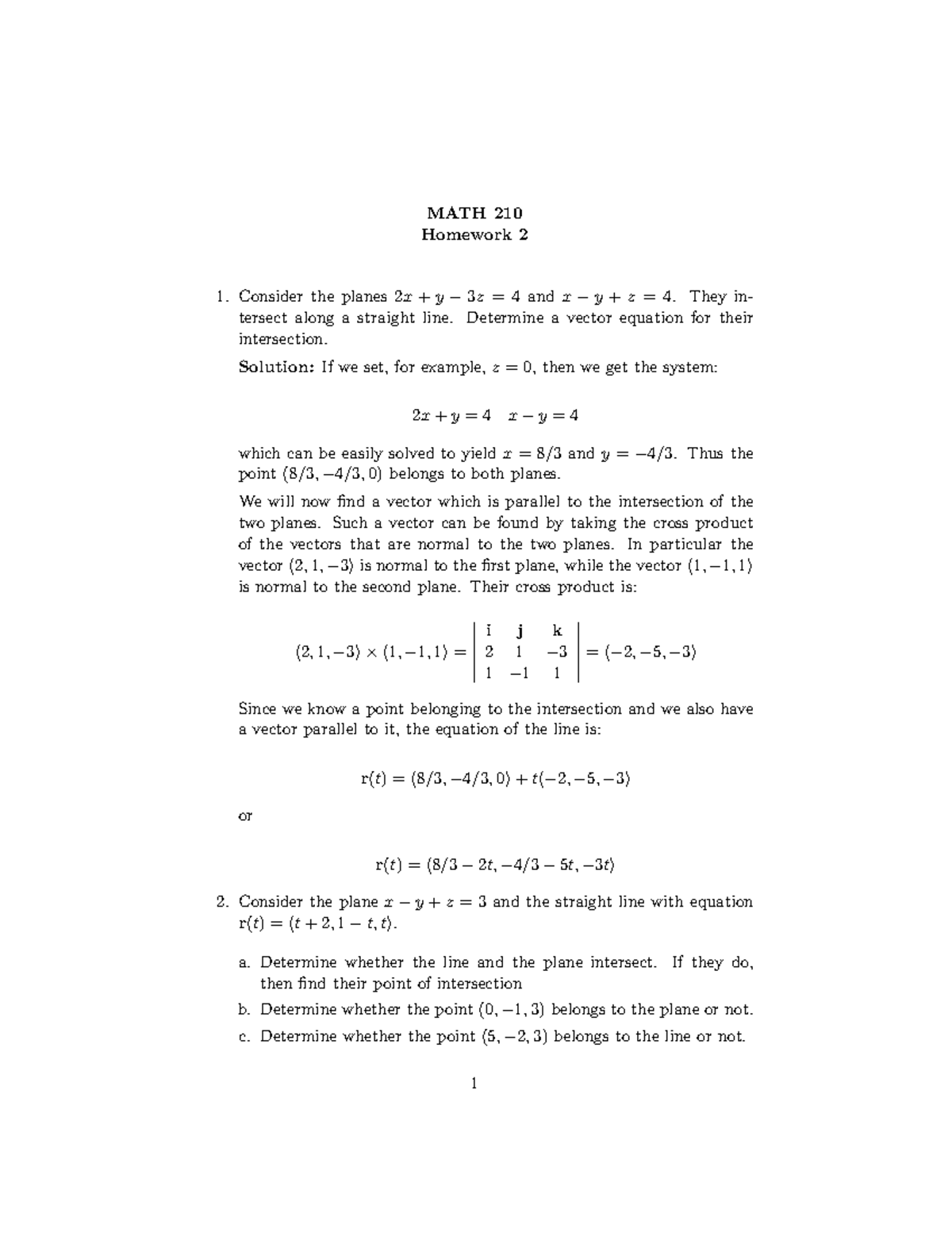 MATH 210 Homework 2 Solutions: Plane and Line Intersections Analysis ...