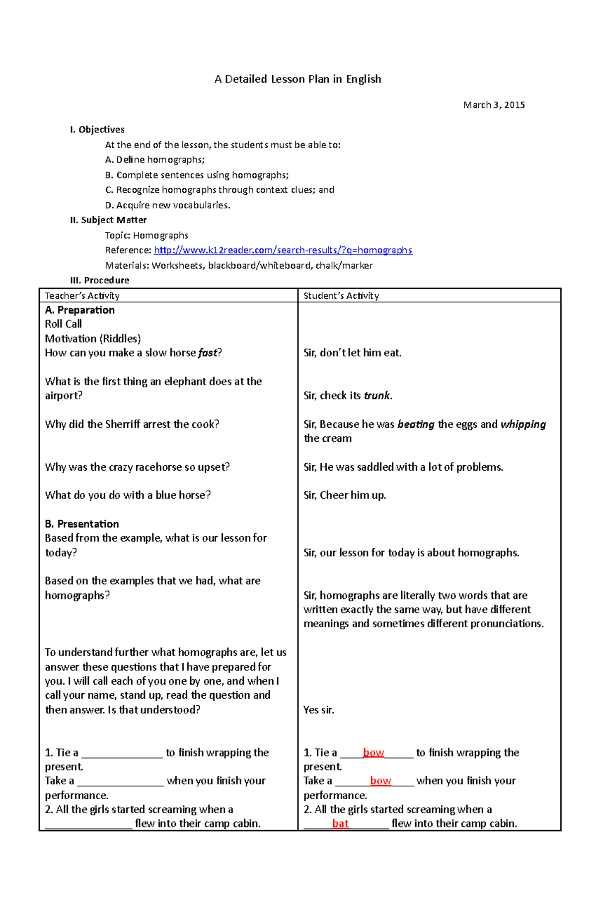 A Comprehensive Lesson Plan on English Homographs for ESL (ENGL 101 ...