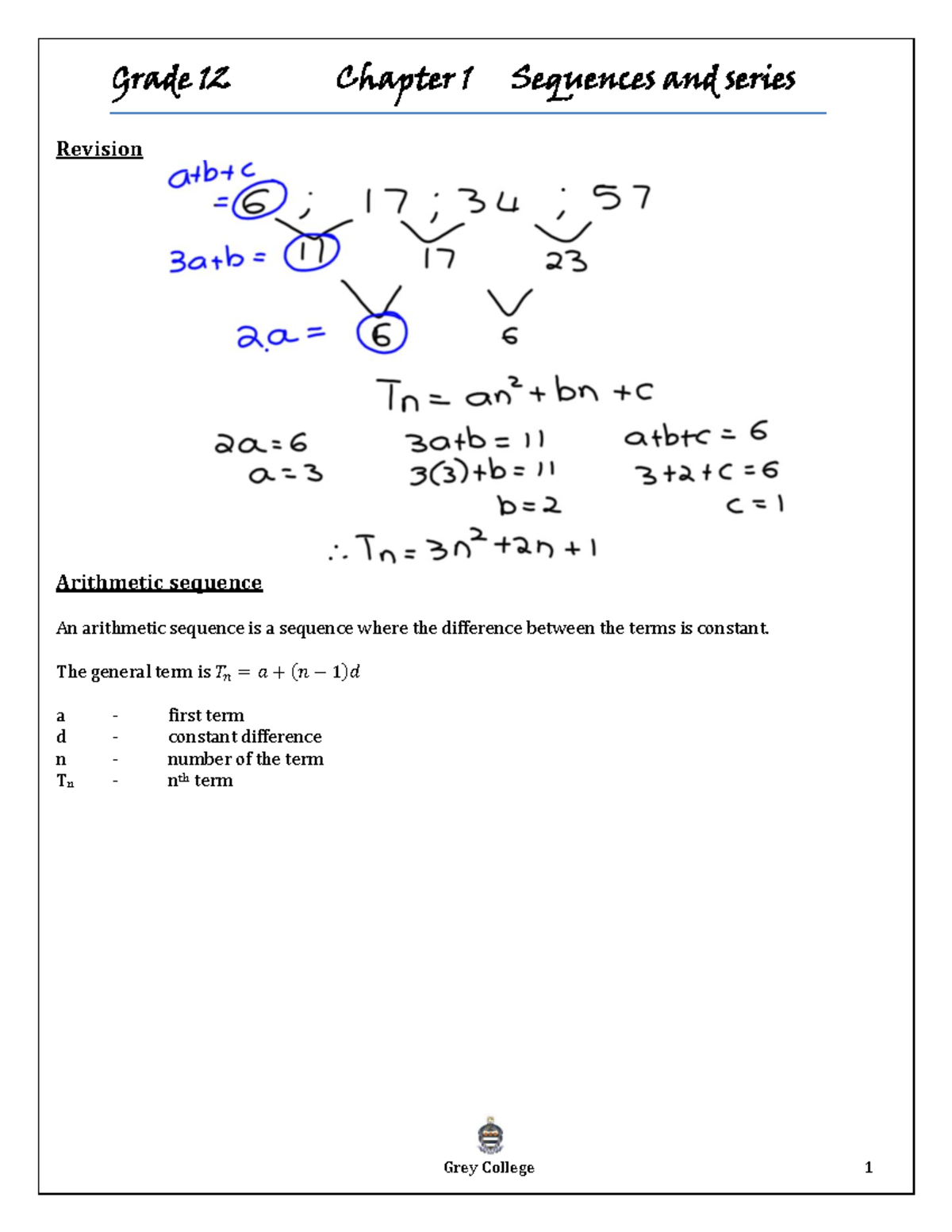 Grade 12 Ch1 Sequences & Series Revision Notes - Studocu