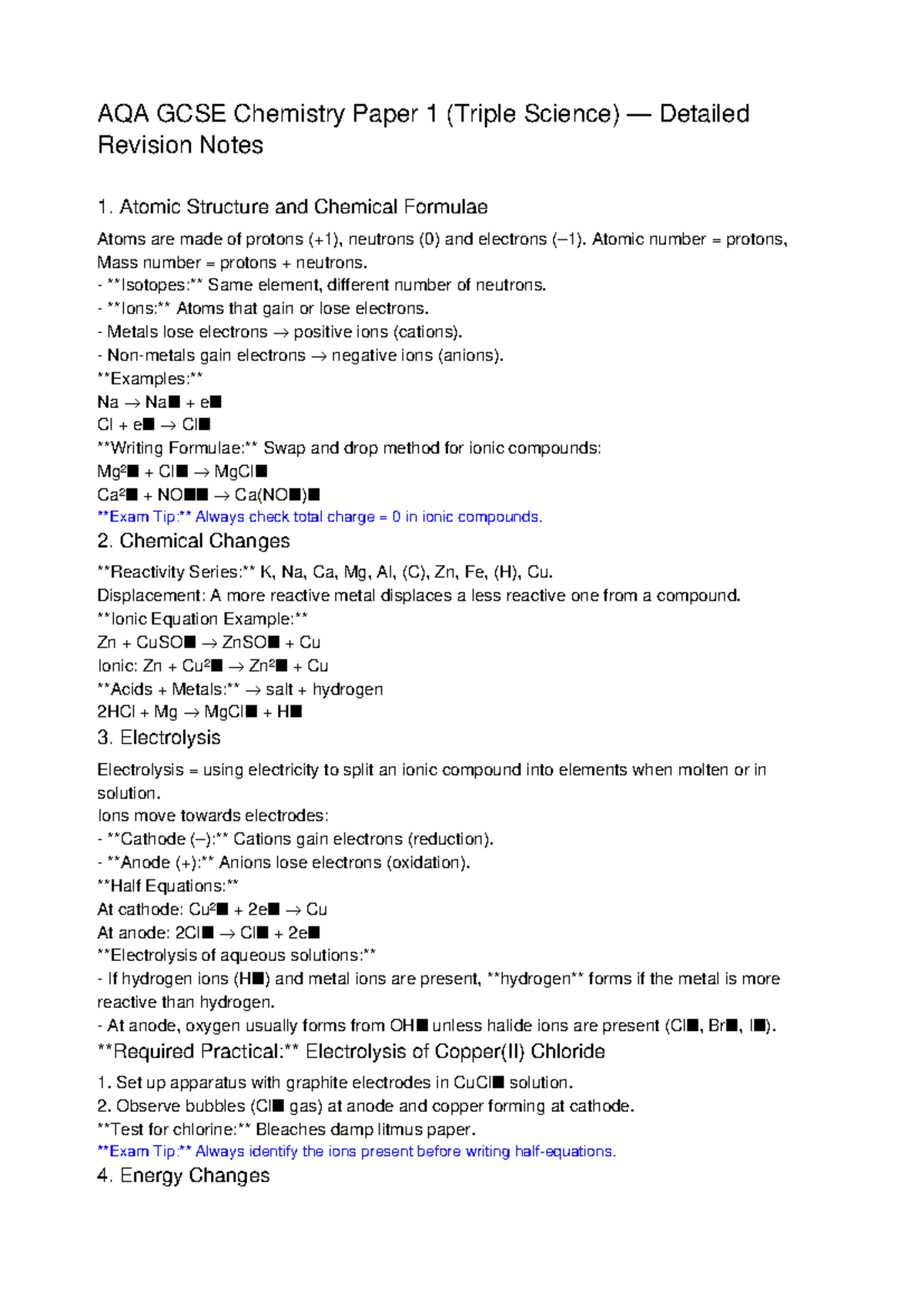 AQA GCSE Chemistry Paper 1 Detailed Revision Notes on Atomic Structure ...