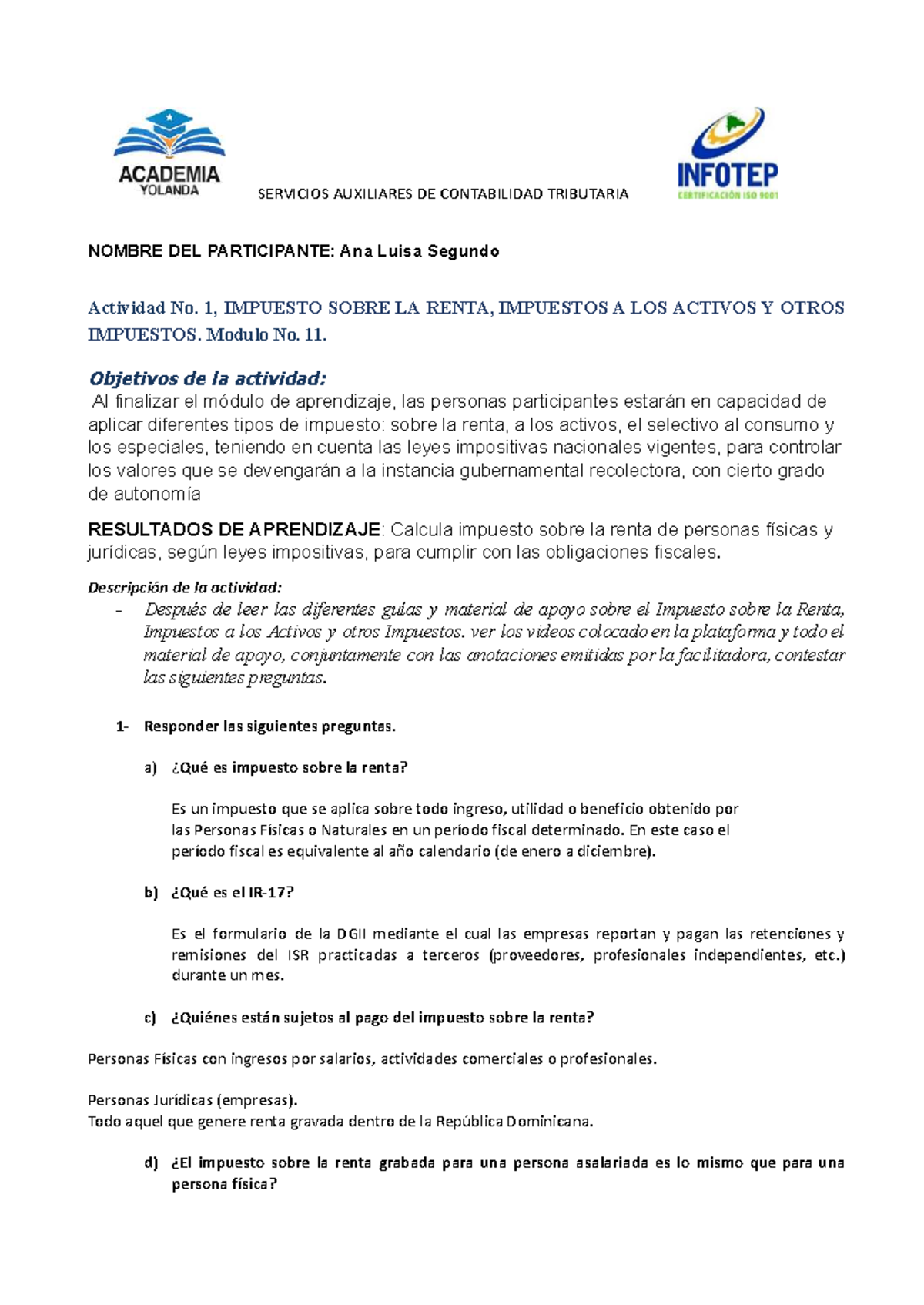 Actividad No. 1: Impuesto Sobre la Renta y Otros Impuestos - Módulo 11 ...
