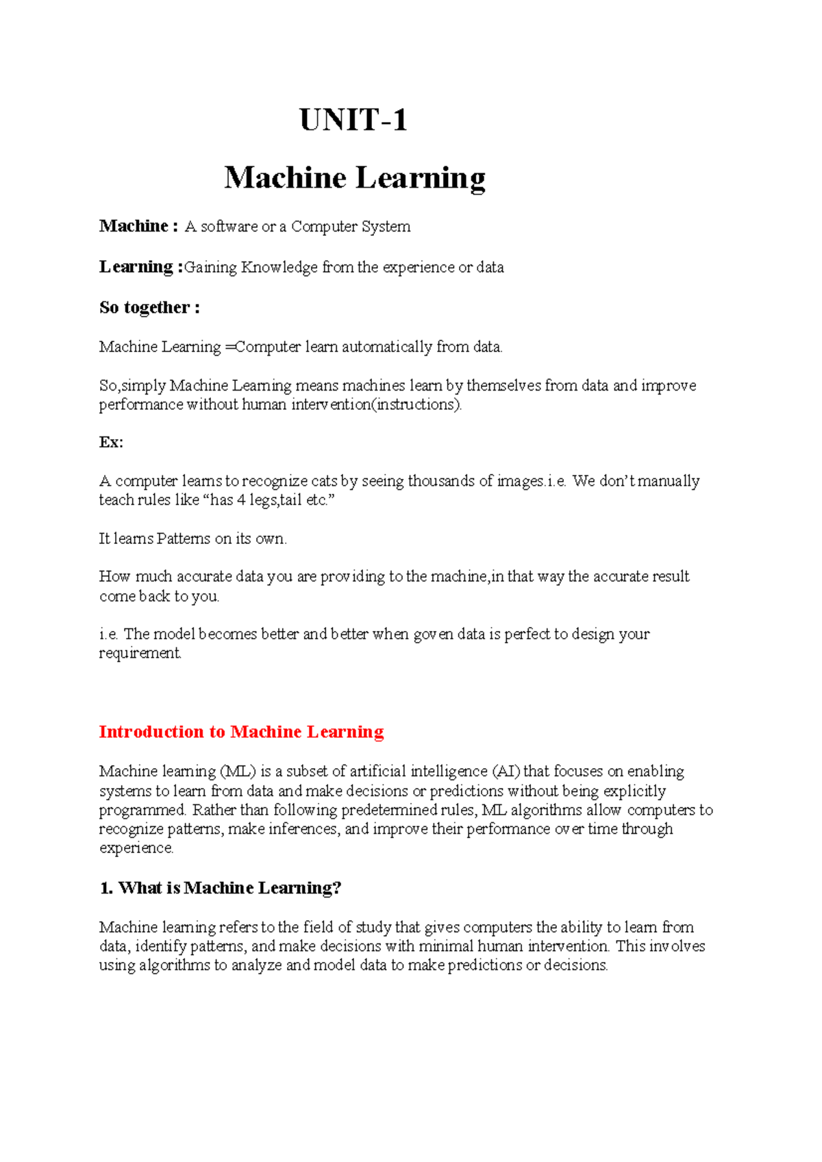 Machine Learning Overview: Concepts, Types, and Algorithms - R23 - Studocu
