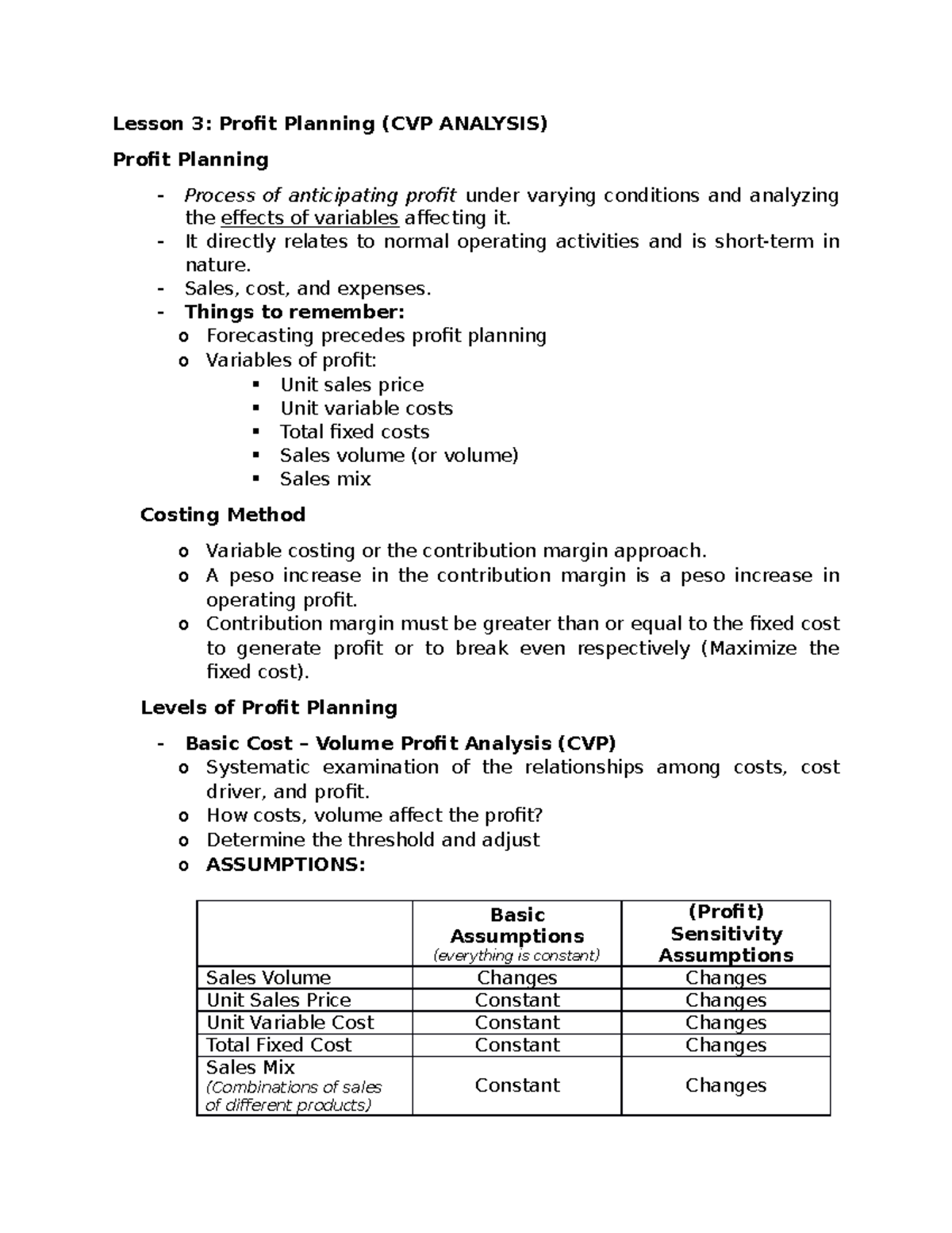 Lesson 3: Profit Planning & CVP Analysis Overview for Exam - Studocu