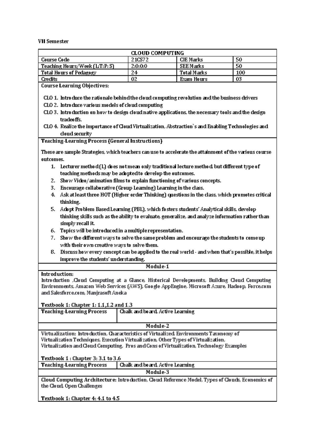 Cloud Computing Syllabus - 21CS72 for VII Semester Students - Studocu