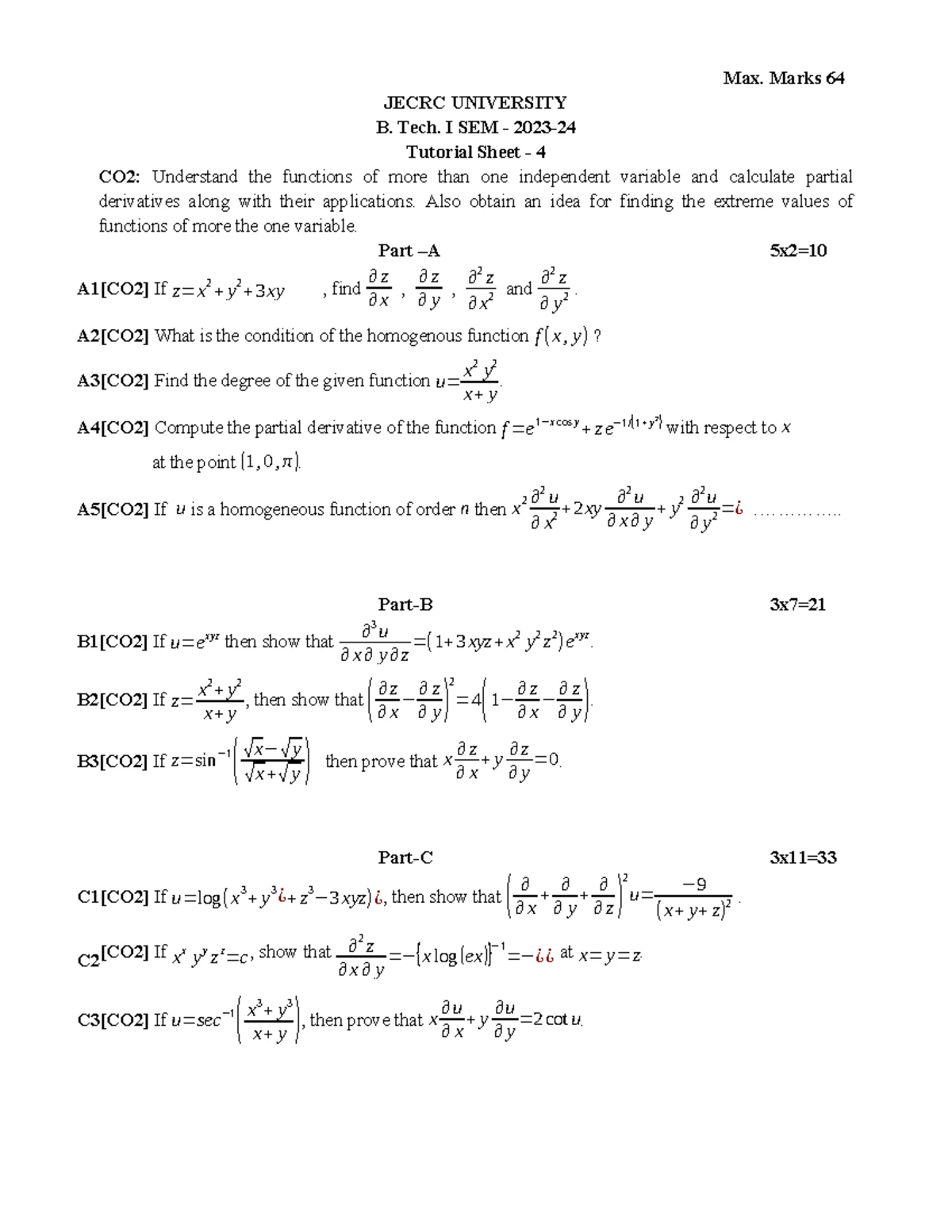 Tutorial Sheet 1 EM 1 - JECRC UNIVERSITY B. Tech-I Sem -2023- Tutorial ...
