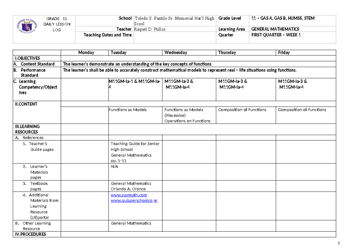 Grade 11 General Mathematics Daily Lesson Plan (1st Quarter) - Studocu