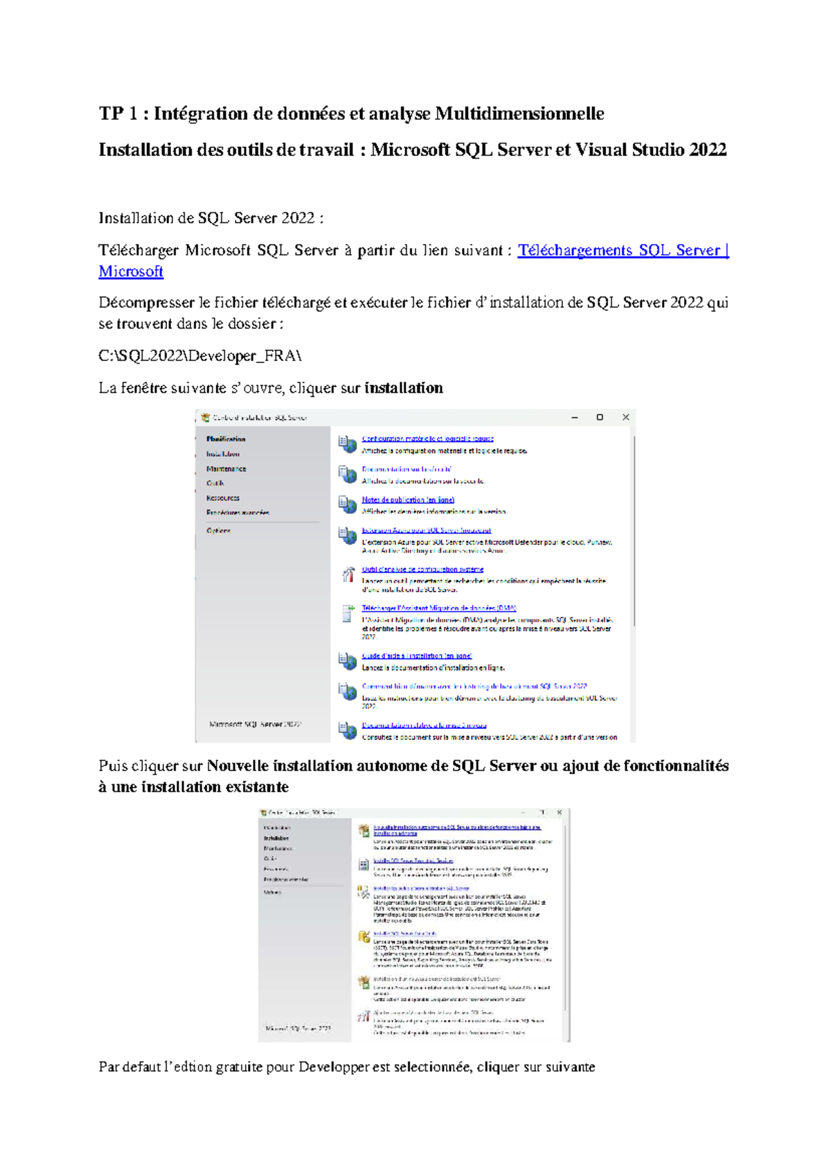 TP 1 : Installation de SQL Server et Visual Studio 2022 - Studocu
