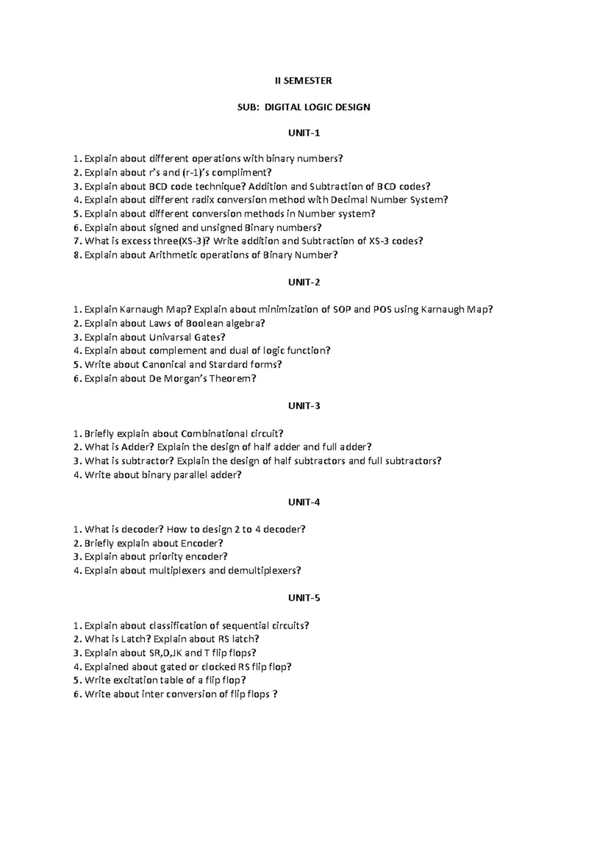 II Sem-DLD - Important Questions for Digital Logic Design Exam - Studocu