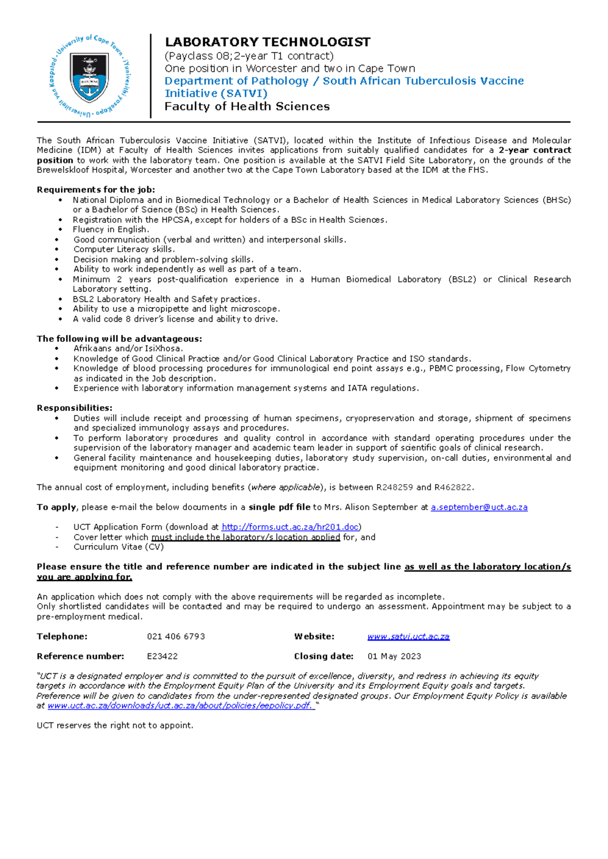 FHS E23422 Laboratory Technologist Position at SATVI - Studocu
