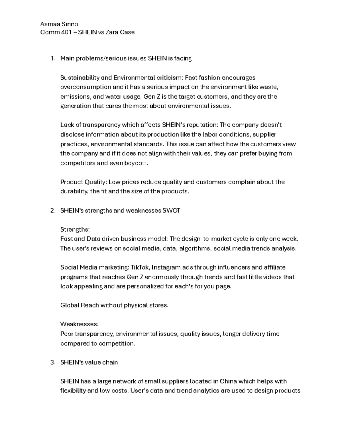 Comm 401 Case Study: SHEIN vs Zara - Sustainability & SWOT Analysis ...