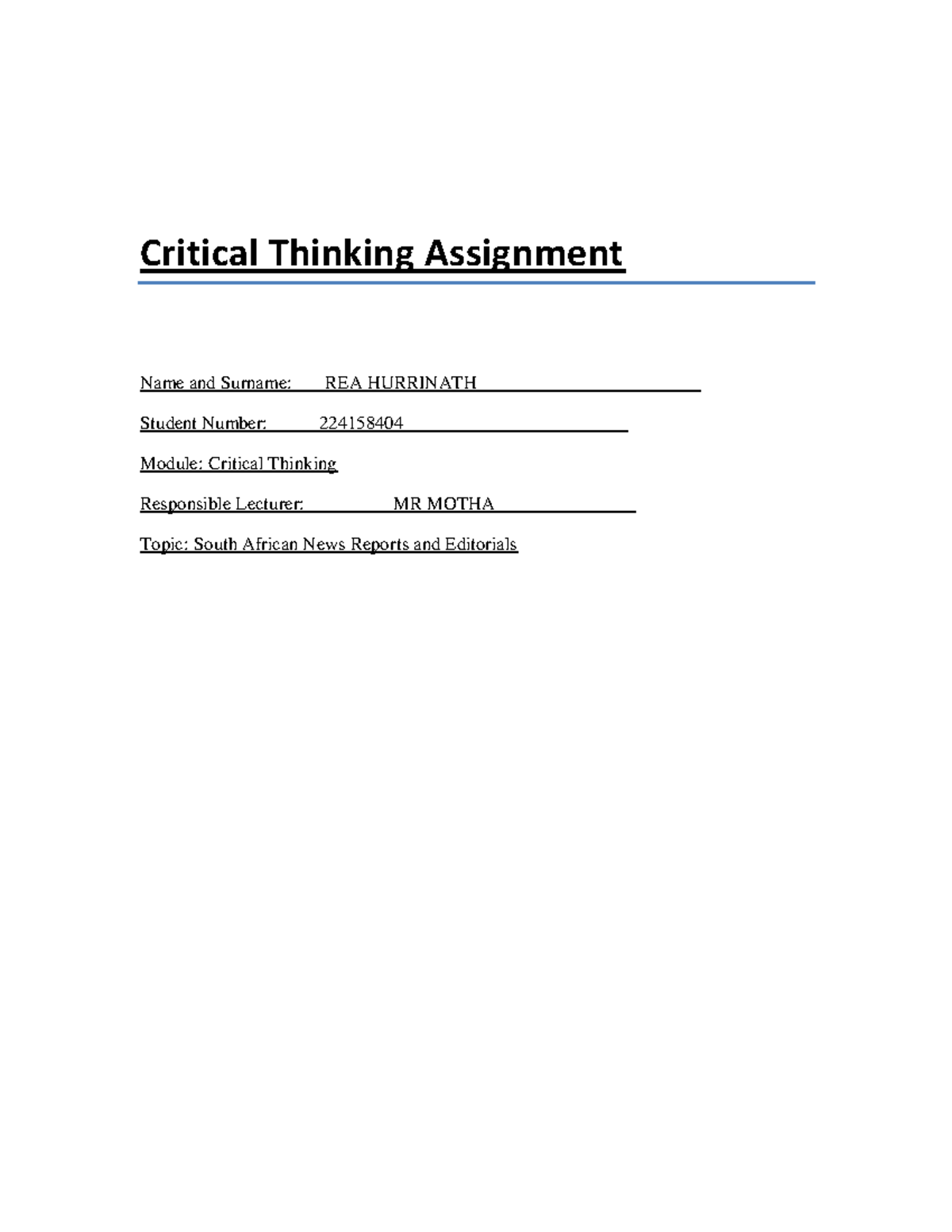 Critical Thinking Assignment: South African News & Editorials Analysis ...