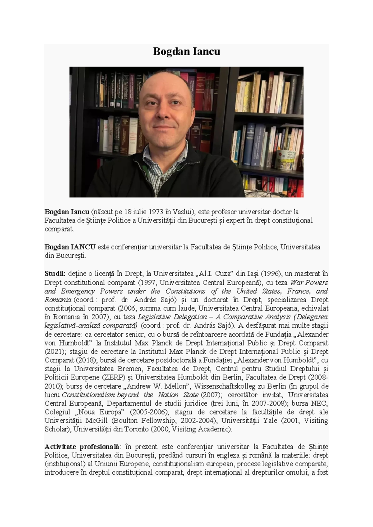 CV Bogdan Iancu - Profesor Universitar în Drept Constituțional Comparat ...