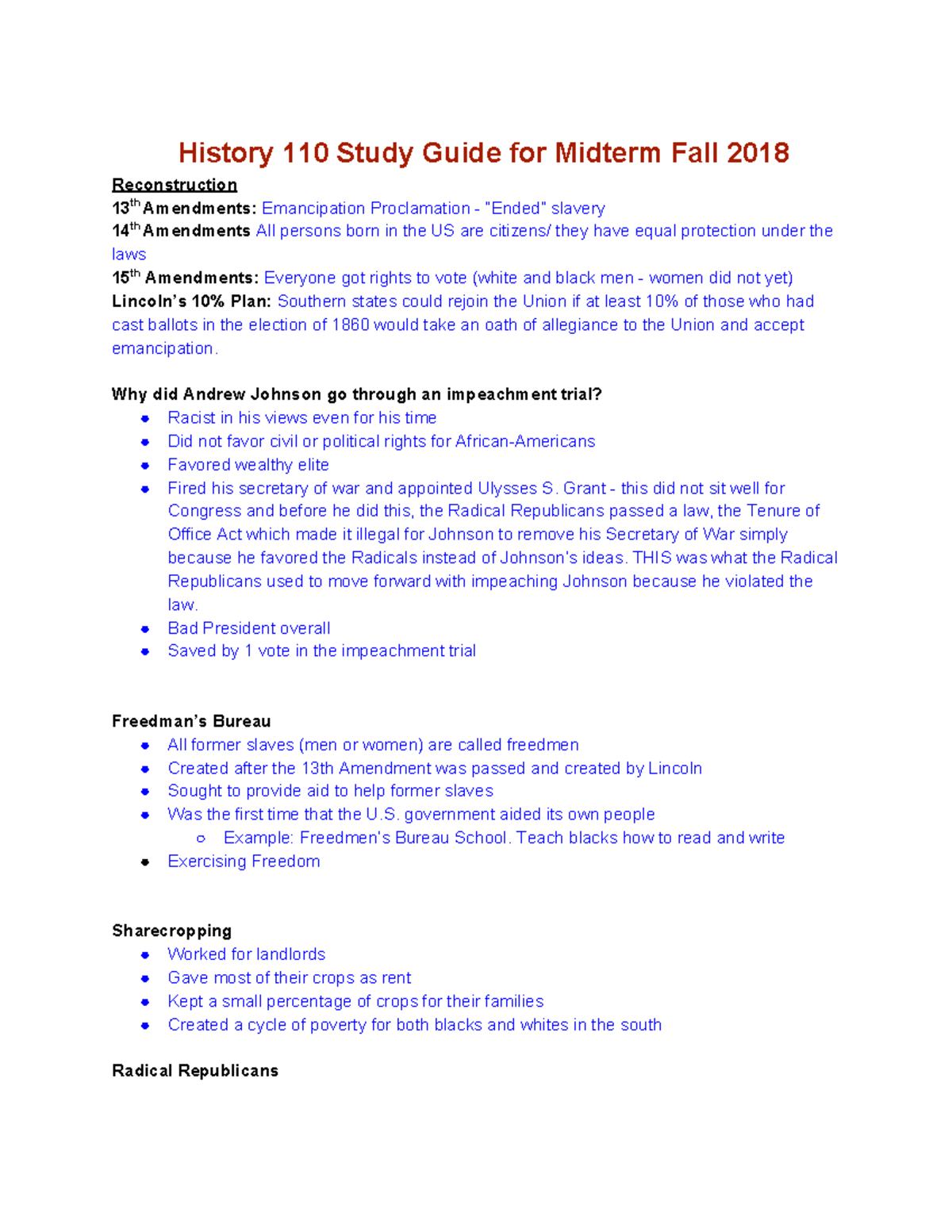 Copy of History 110 Study Guide for Midterm Fall 2018 - History 110 ...