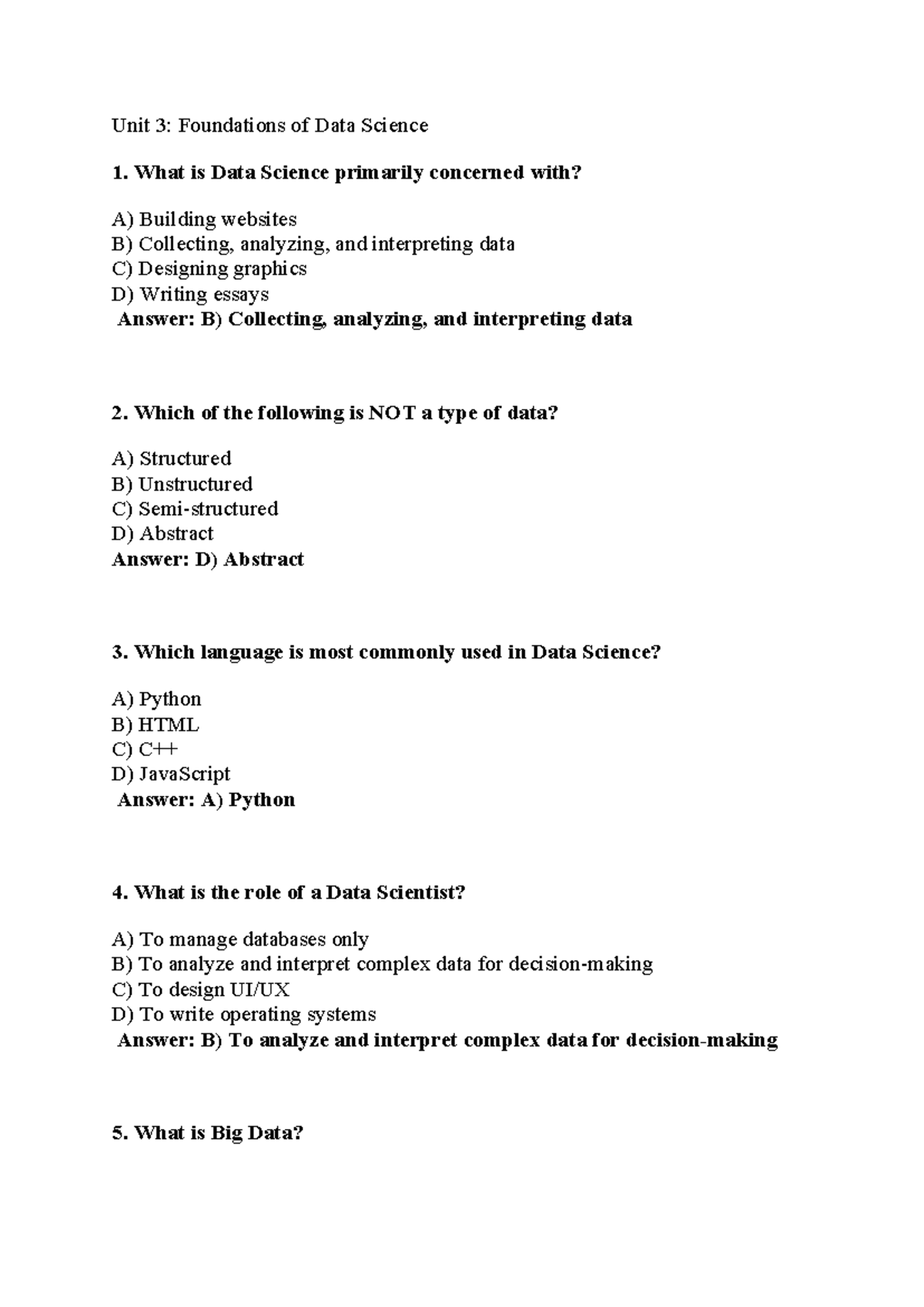 PDS Unit 3: Data Science Foundations Quiz Questions - Studocu