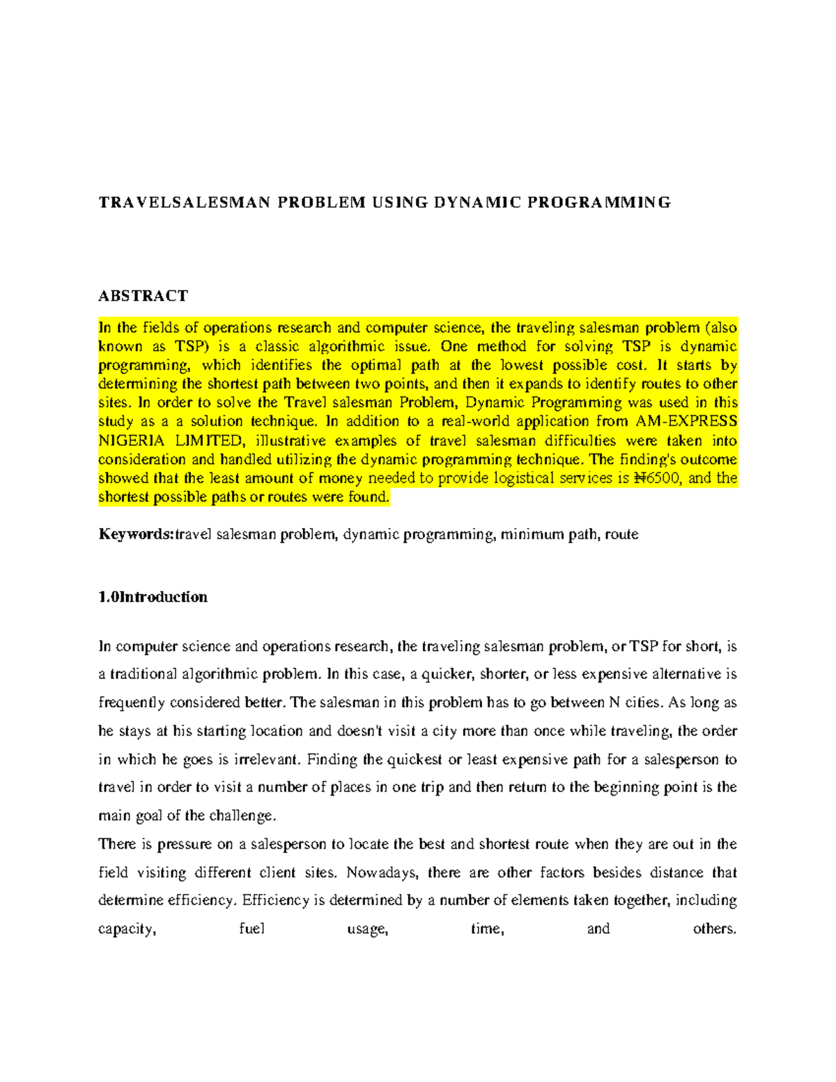 Dynamic Programming Approach to TSP: A Case Study on NIGERIA LIMITED ...
