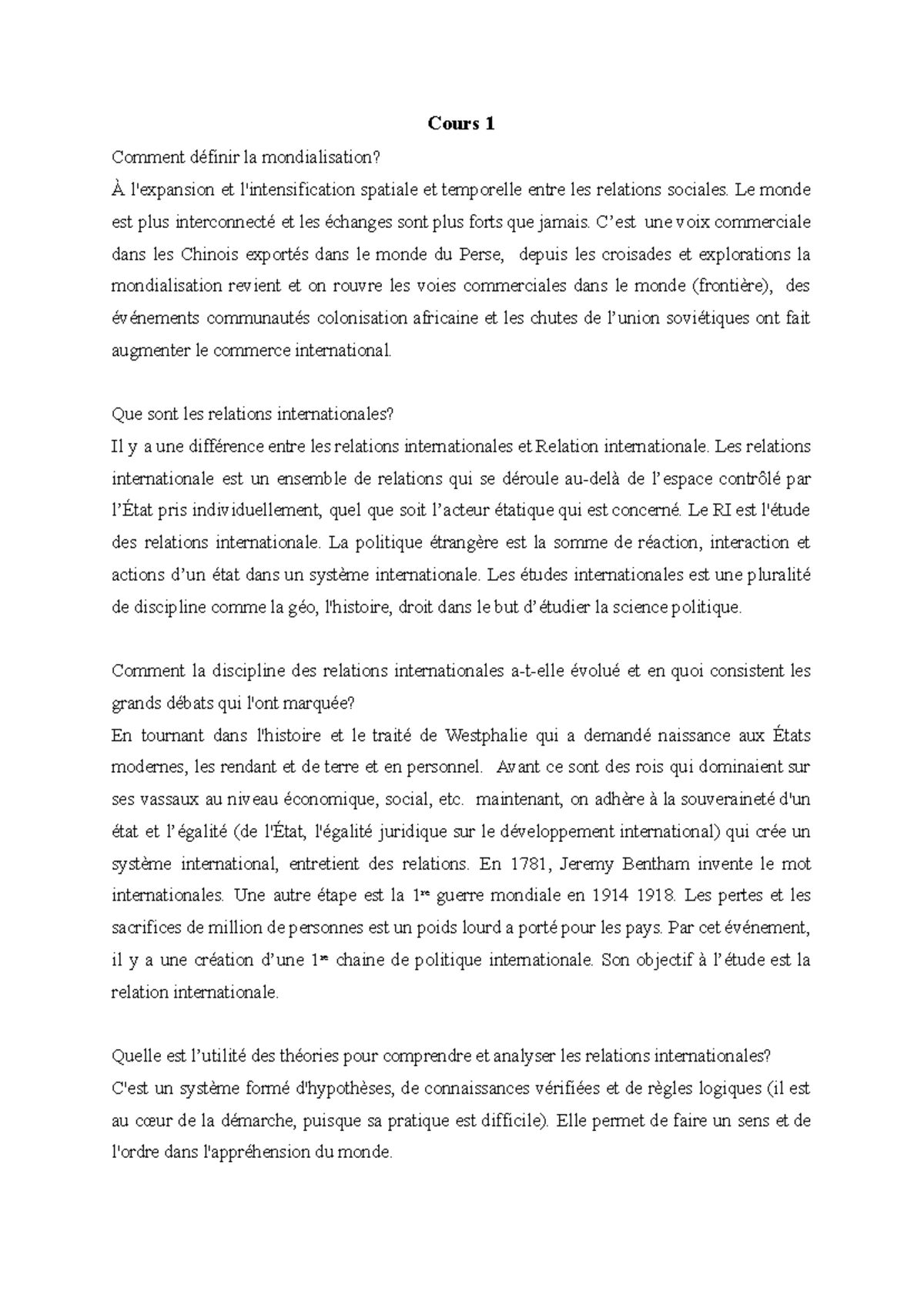 Notes de Cours: Politique et Mondialisation en Relations ...