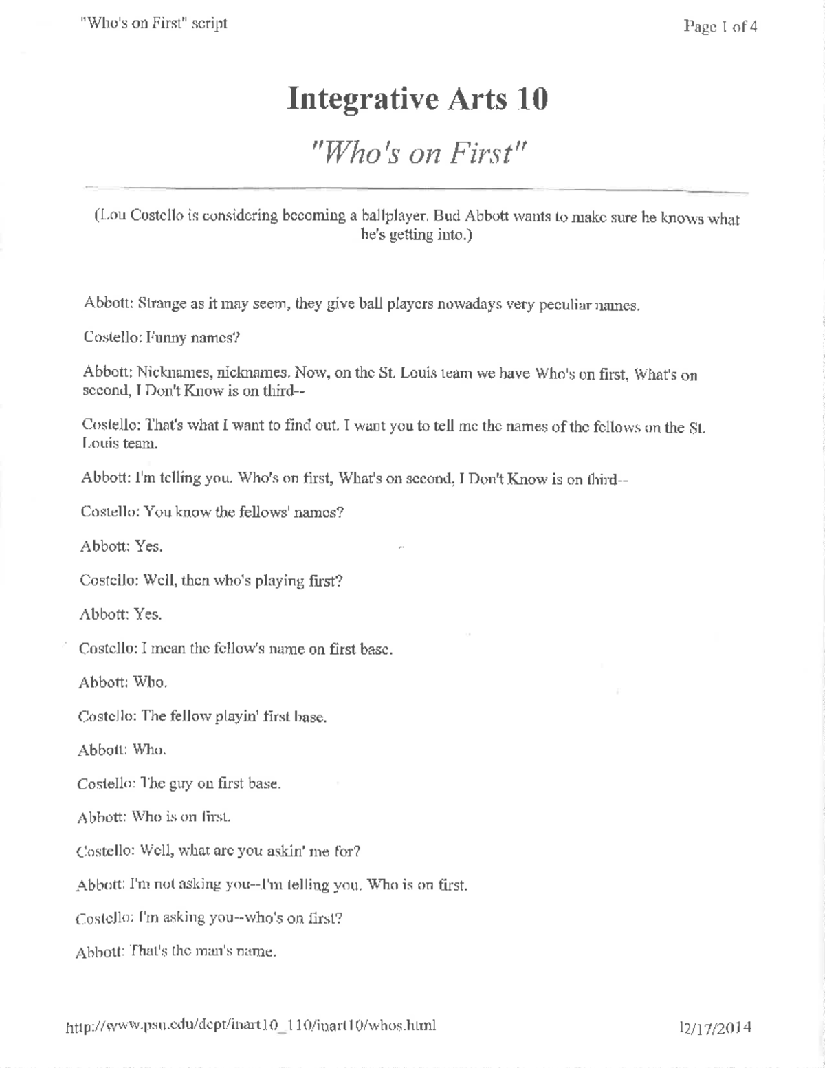 Integrative Arts 10: Who's On First - Script Analysis - Studocu