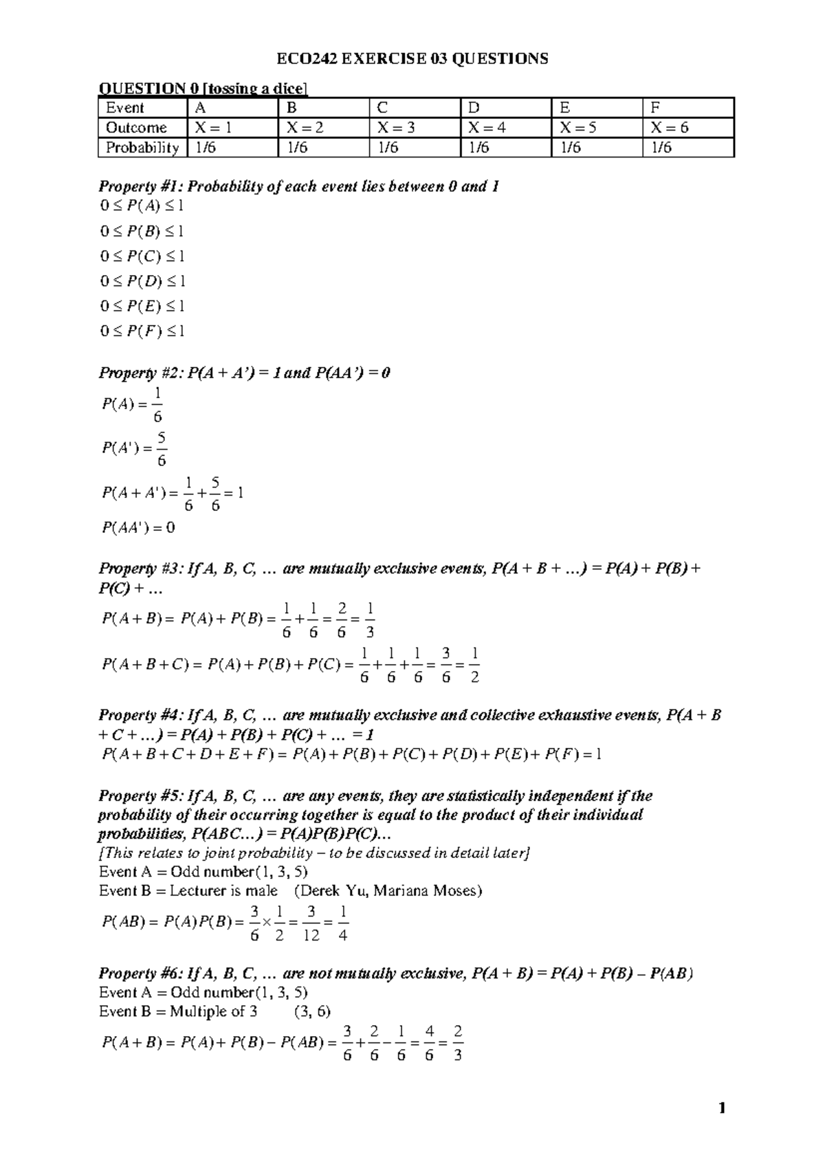 ECO242 Practice Exercise 03: Probability and Events Analysis - Studocu