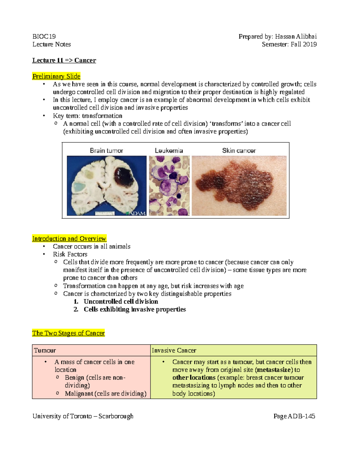 BIOC19 Lecture 11: Understanding Cancer and its Mechanisms - Studocu