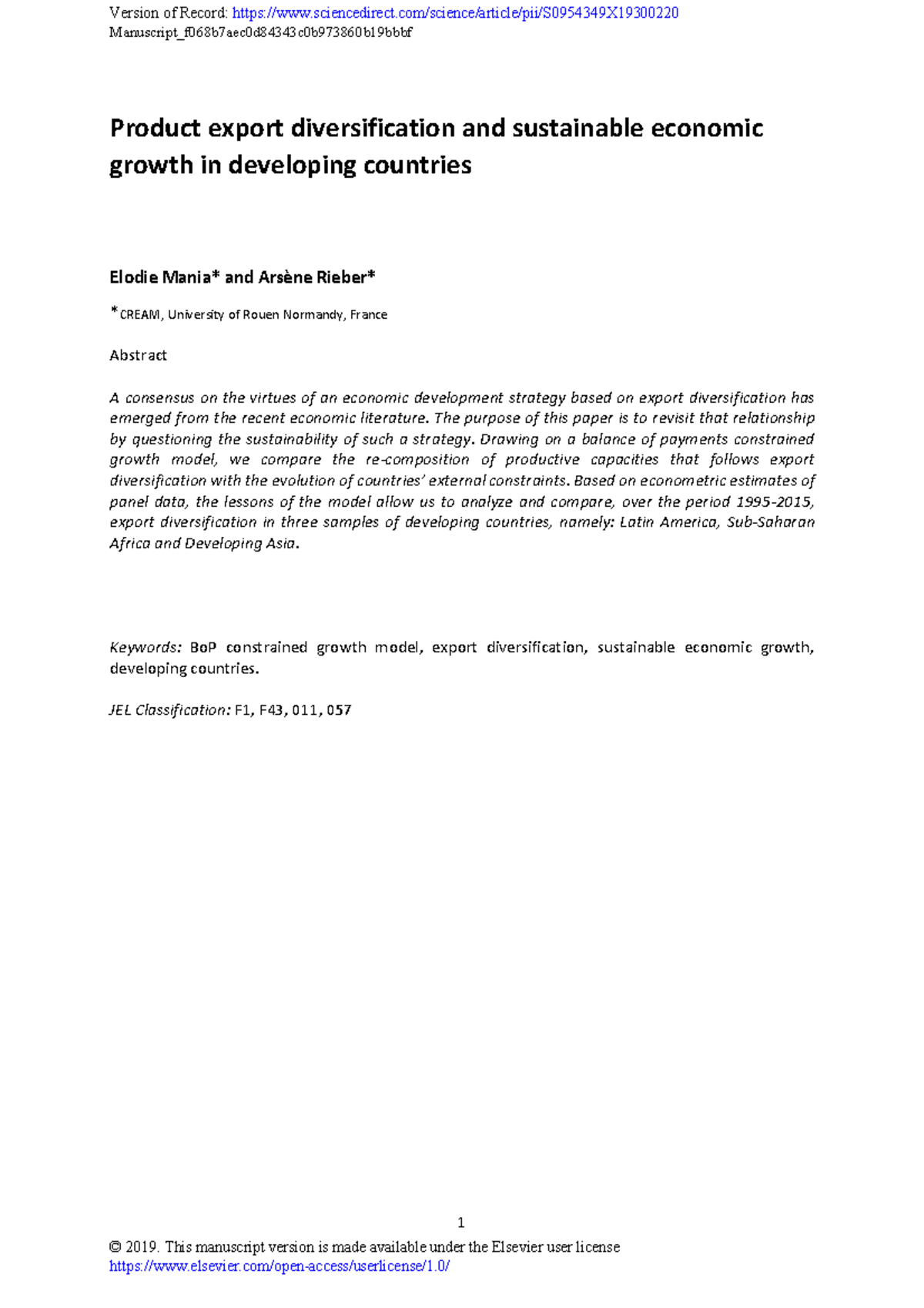 Product export diversification and sustainable growth in developing ...