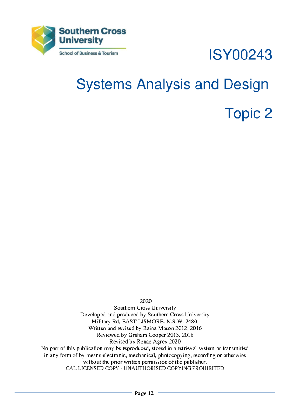 ISY00243 Study Guide Topic 02 2020 study - ISY Systems Analysis and ...