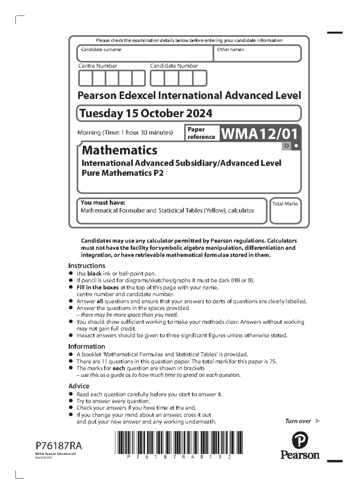 WMA12 01 Final Exam Mathematics Paper - October 2024 - Studocu