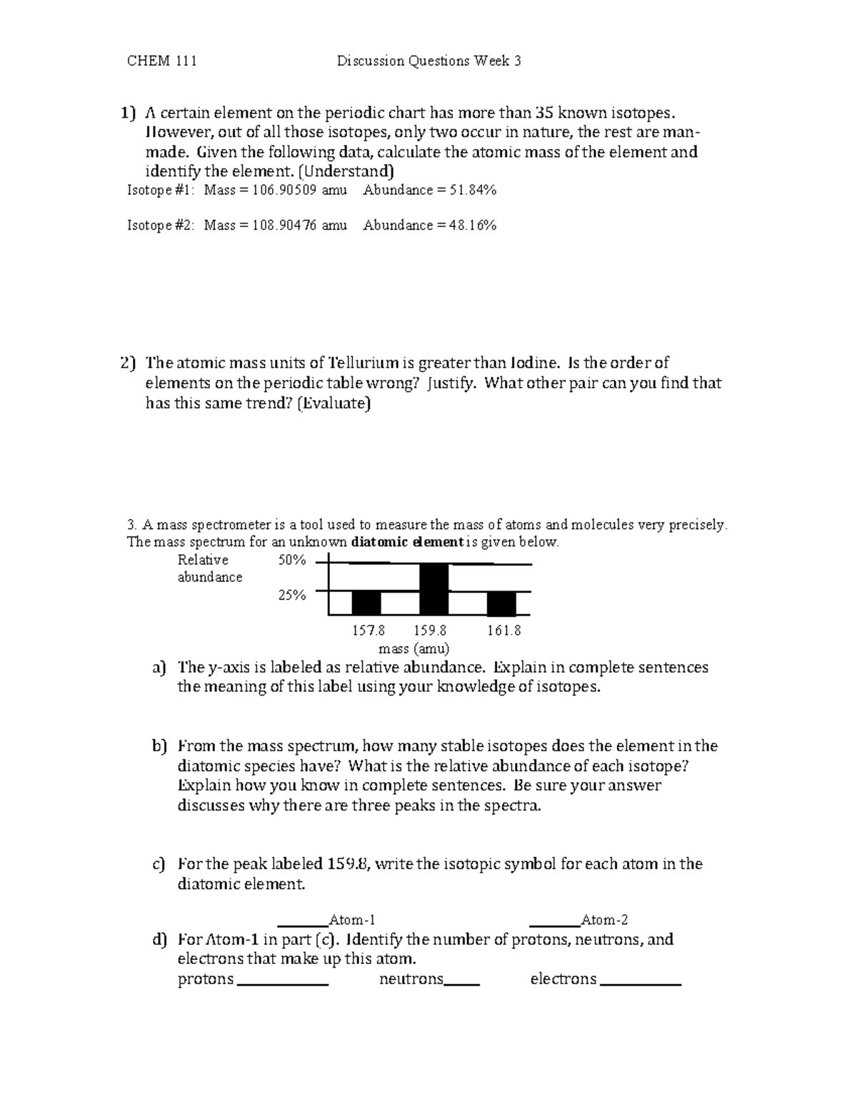 CHEM 111 Week 3 Discussion: Isotope Mass & Spectrometry Analysis - Studocu