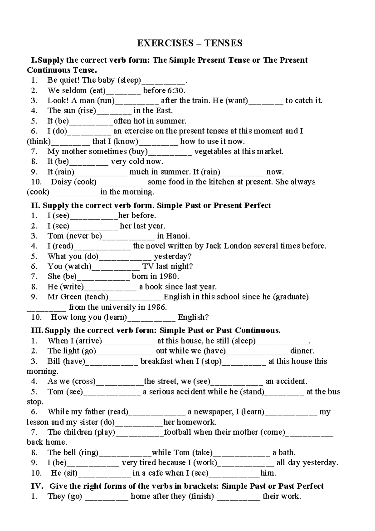 Exercises on Tenses: Simple Present, Past, and Future Forms - Studocu