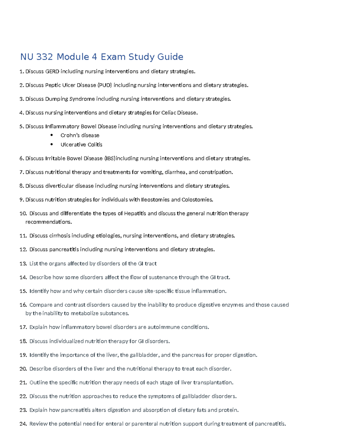NU 332 Module 4 Exam Study Guide: GI Disorders & Nutrition Strategies ...