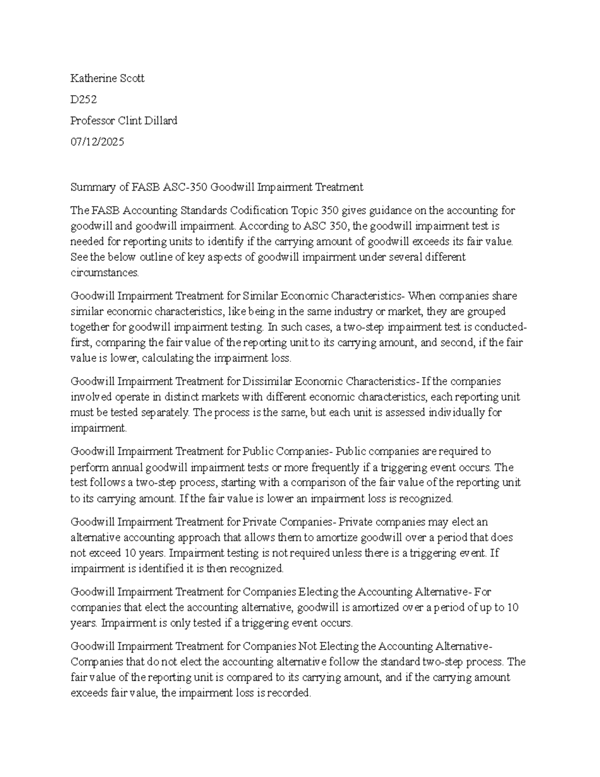 Goodwill Impairment Analysis for D252: FASB ASC 350 Summary - Studocu