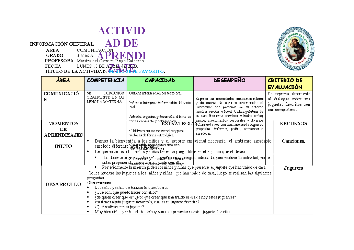 Actividades de Comunicación para 3 años A - Abril 2023 - Studocu