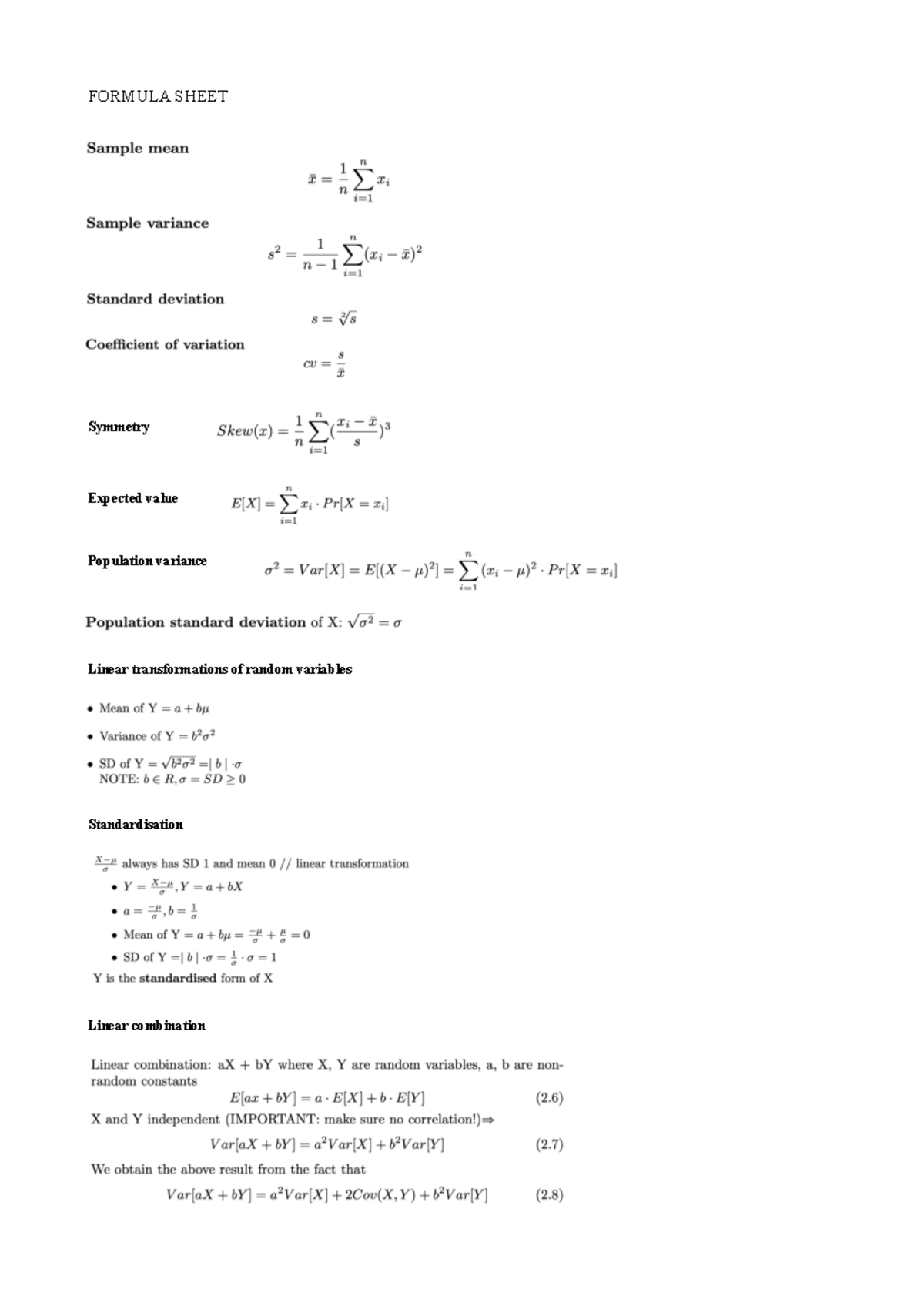 ECMT1020 Midsem Formula Sheet: Key Statistical Concepts - Studocu