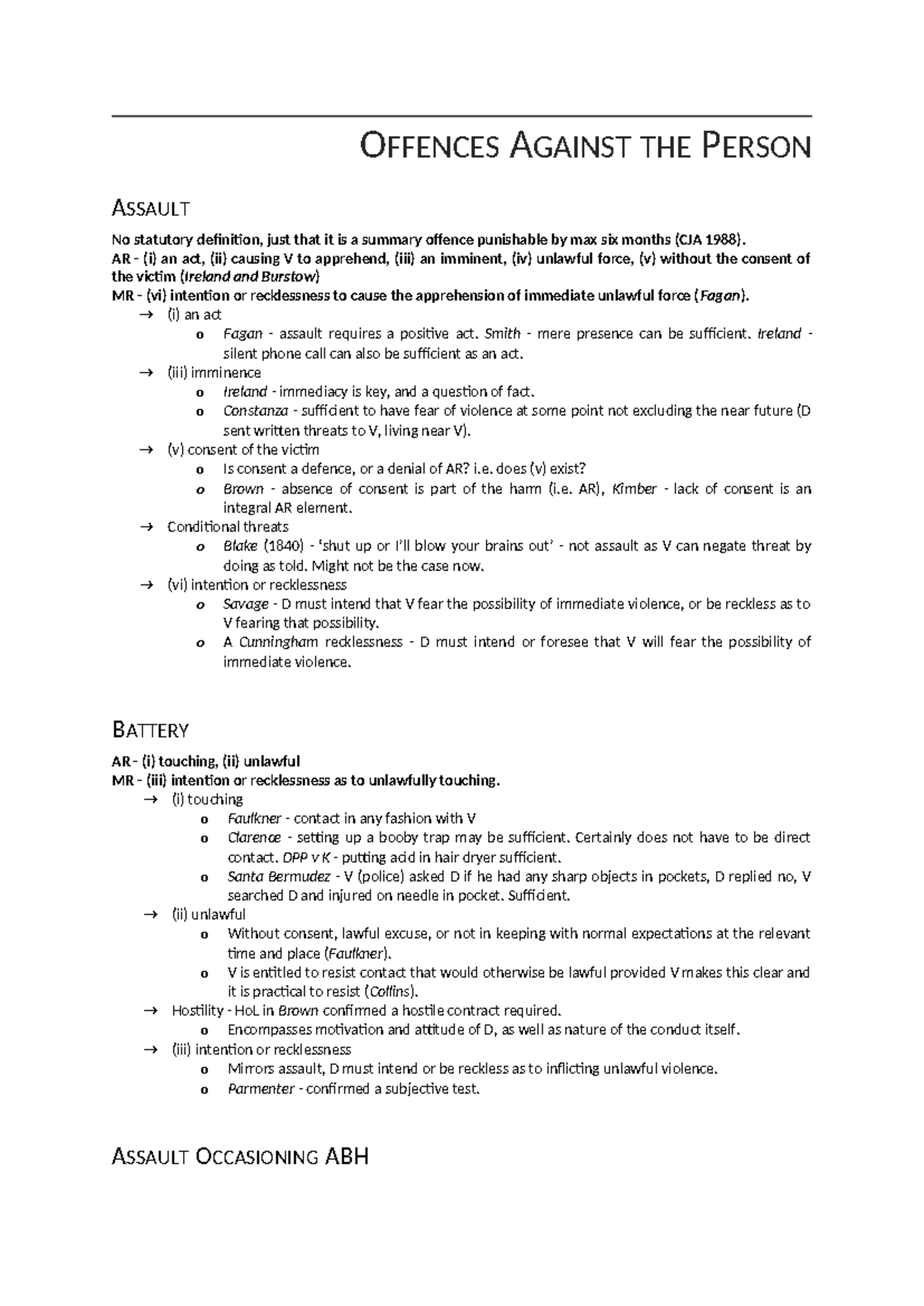OAPA - Oapa - OFFENCES AGAINST THE PERSON ASSAULT No statutory ...