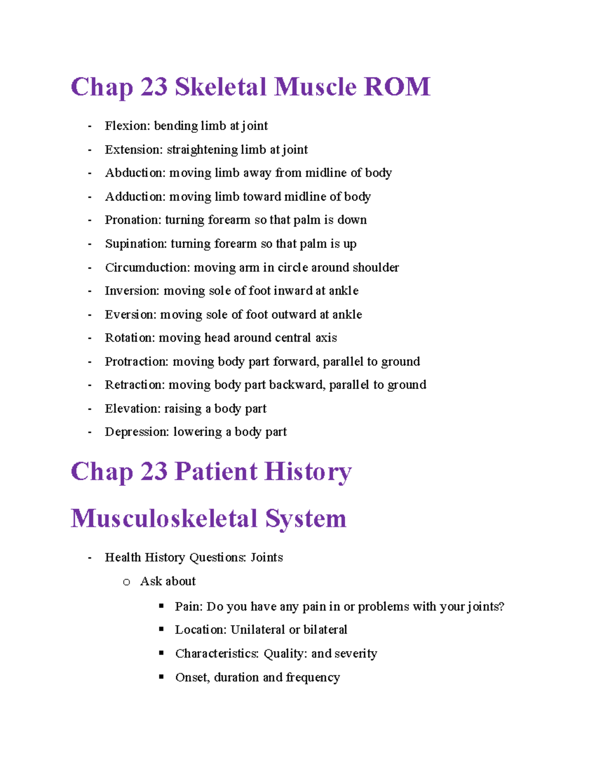 Chapter 23 Musculoskeletal System: ROM and Patient Assessment Notes ...