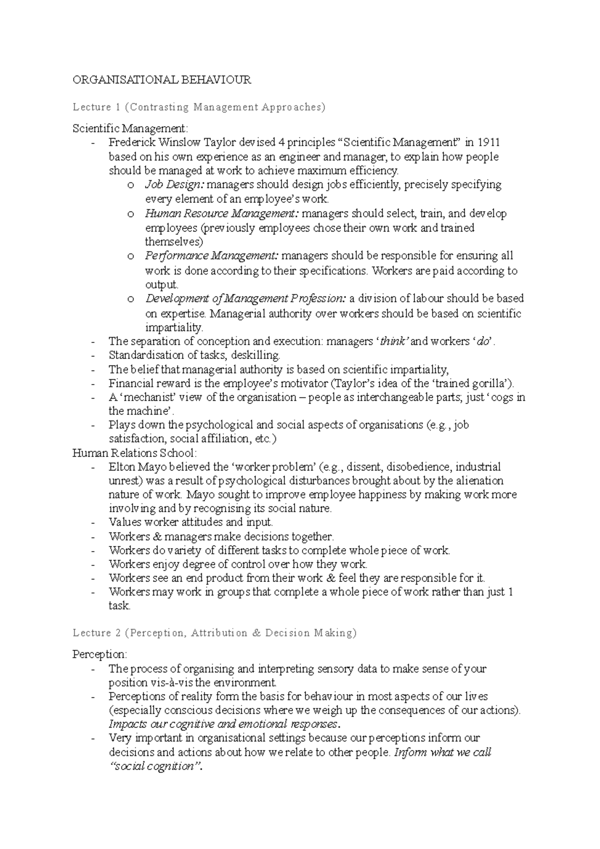 OB Lecture notes - ORGANISATIONAL BEHAVIOUR Lecture 1 (Contrasting ...
