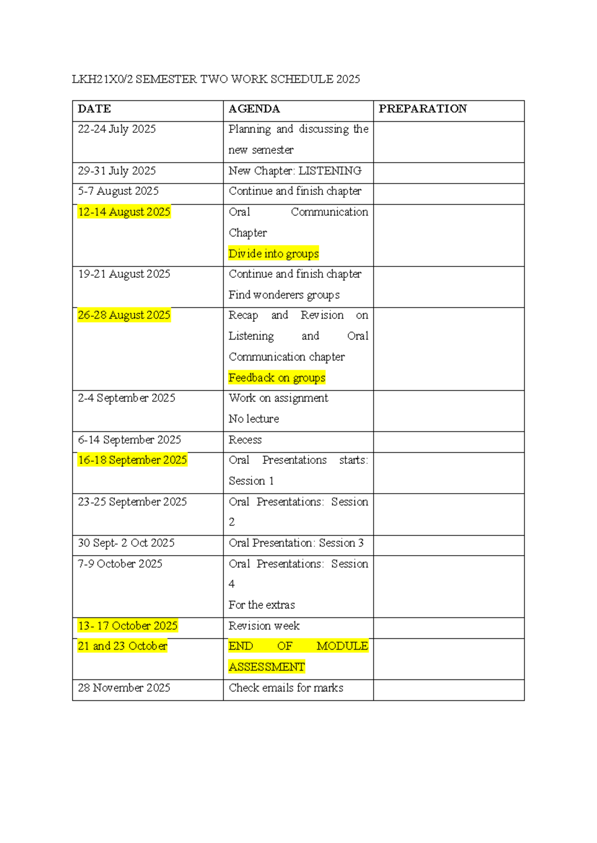 LKH21X0 2nd Semester Work Schedule & Agenda 2025 - Studocu