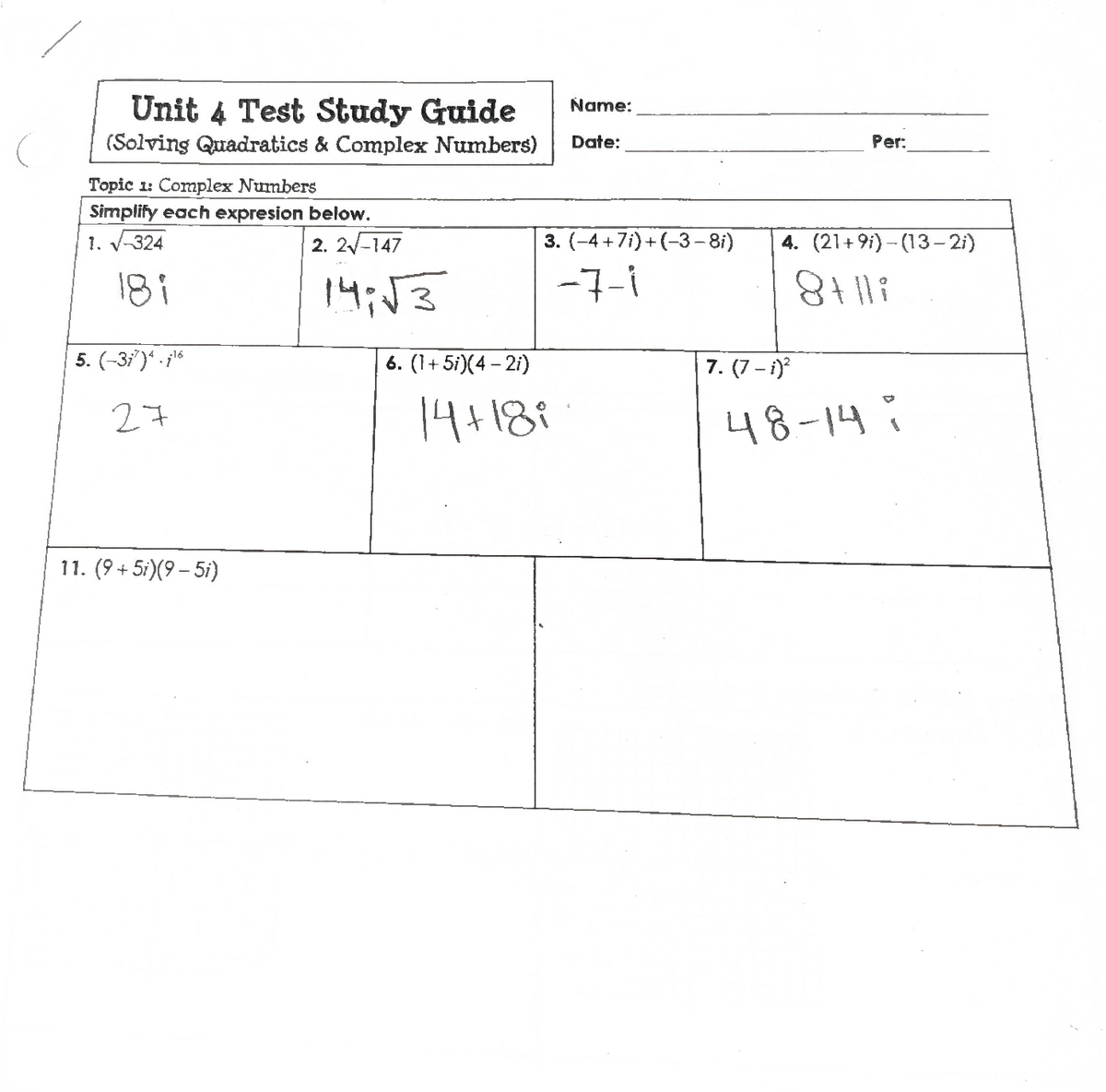 Unit 4 Test Study Guide: Solving Quadratics & Complex Numbers - Studocu