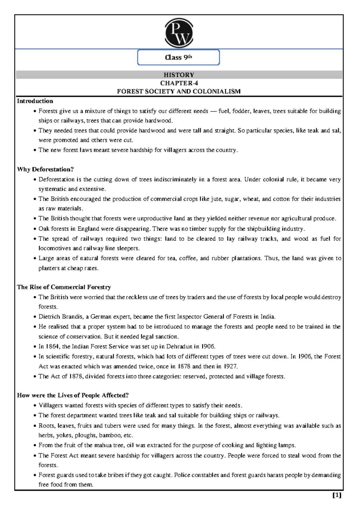 Forest Society and Colonialism Short Notes - [ 1 ] HISTORY CHAPTER- 4 ...